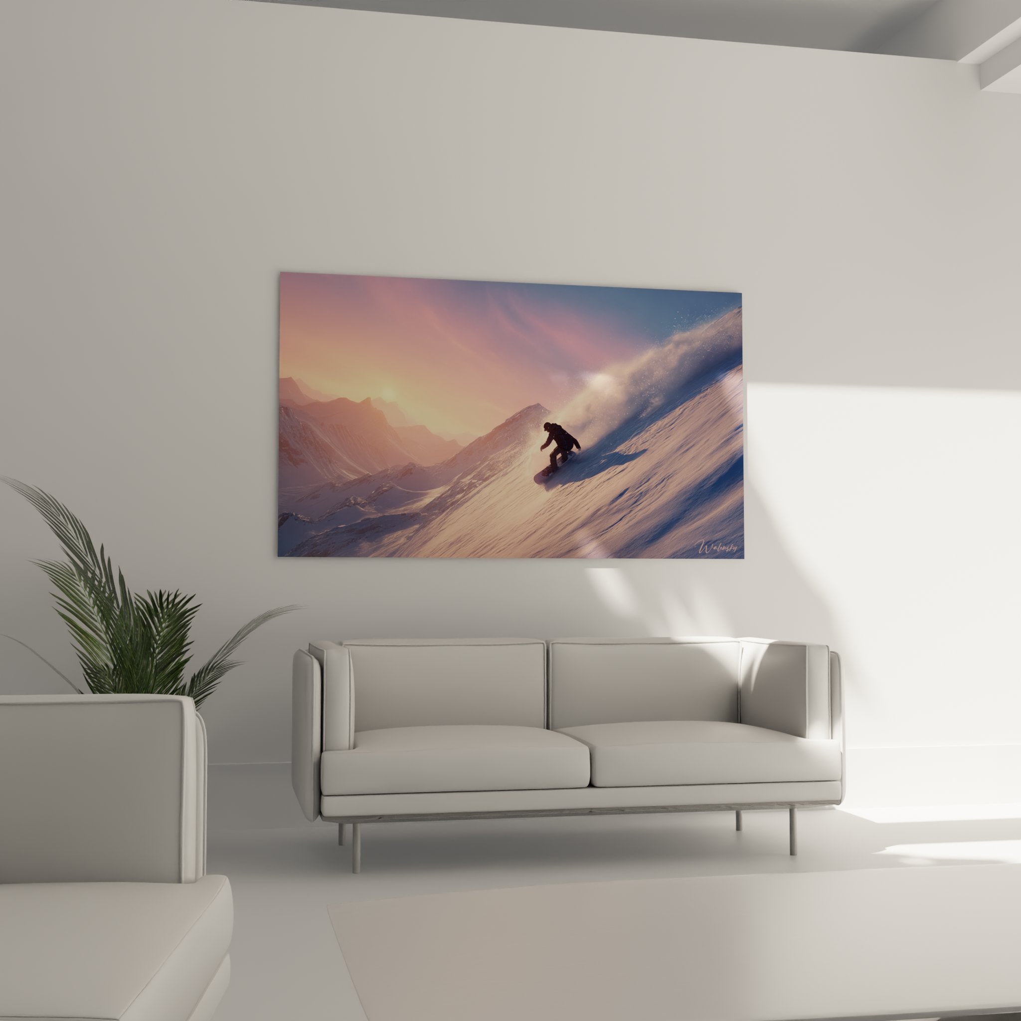Detailansicht Snowboarder Wandbild zeigt Pulverschnee und warme Sonnenuntergang Farben