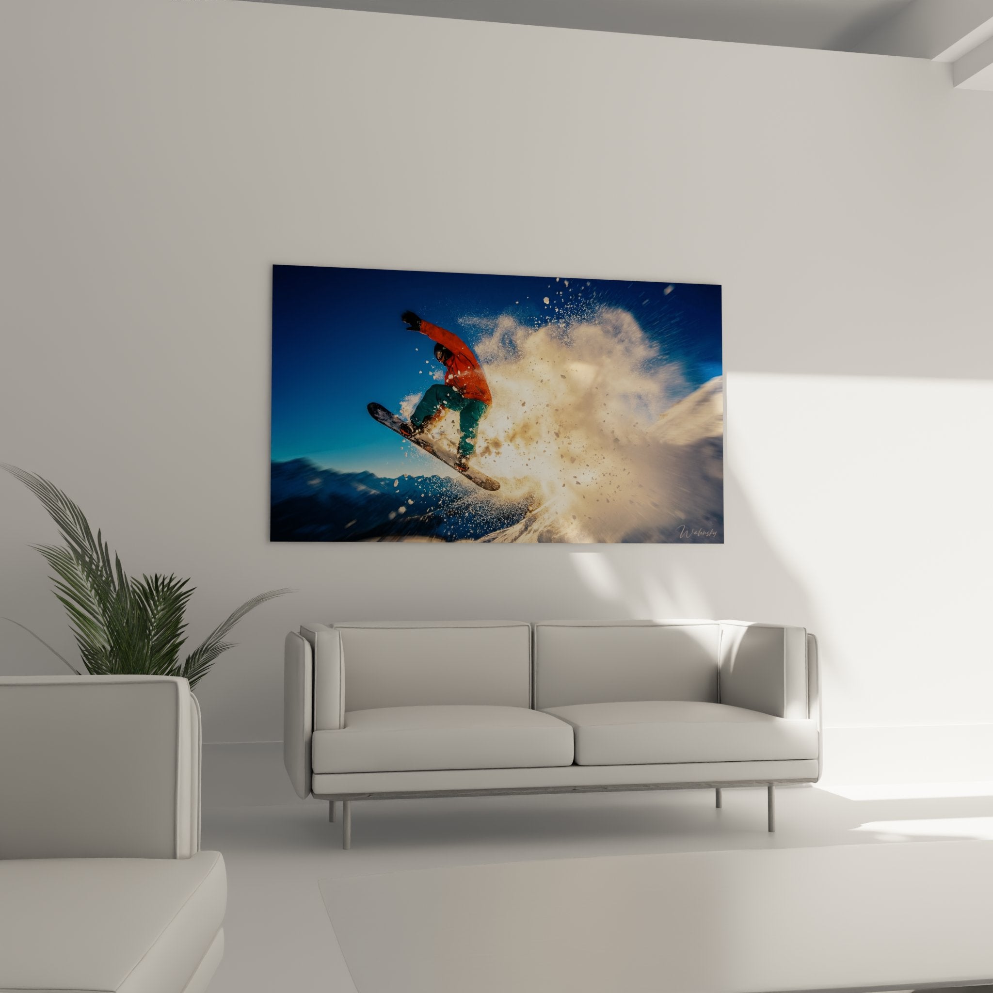 Nahaufnahme Snowboard Leinwandbild, Details der Pulverschnee Explosion und orange Snowboard Jacke