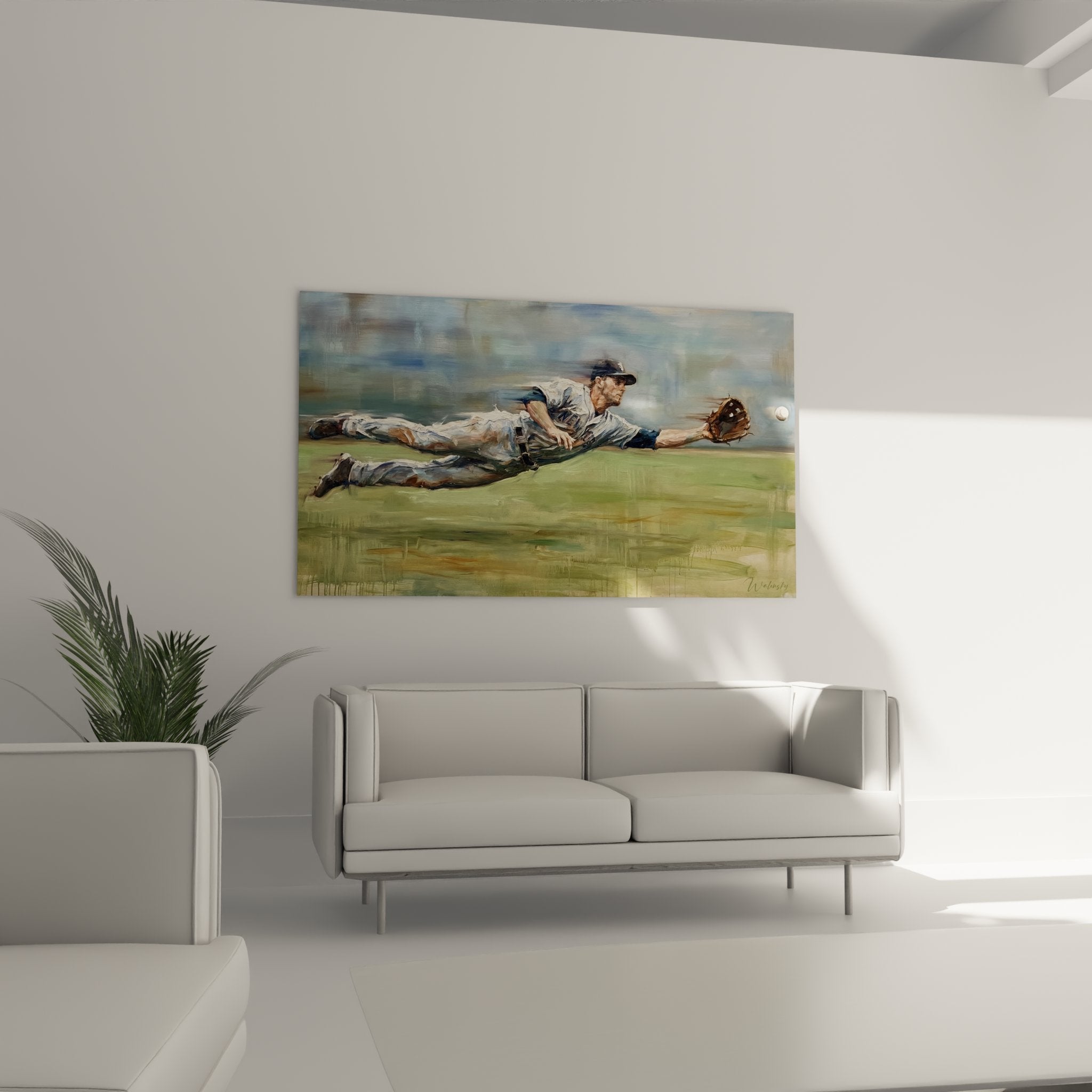 Detailaufnahme Baseball-Spieler Wandbild zeigt perfekte Fangtechnik und Uniform