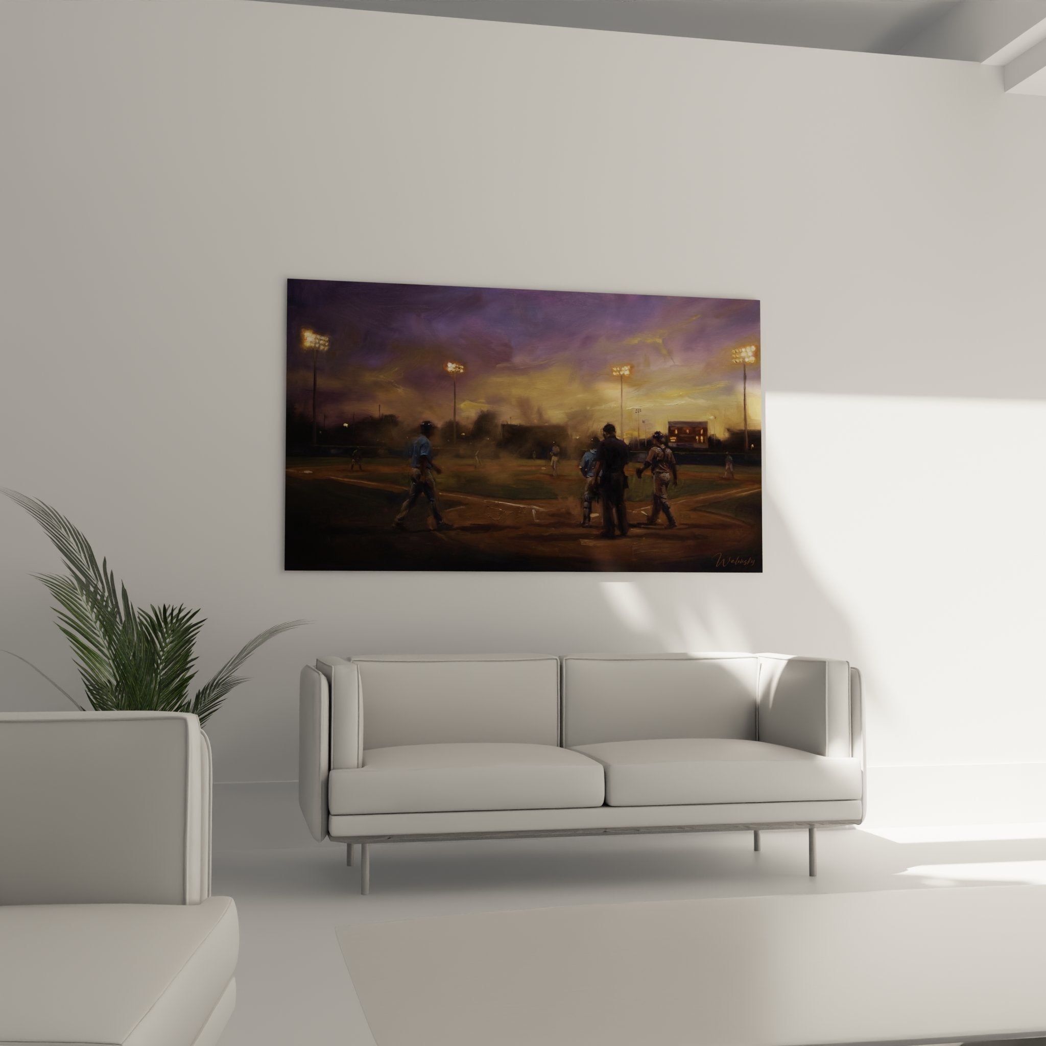 Nahaufnahme des Baseball Wandbildes zeigt Details der Spieler und Flutlichtmasten