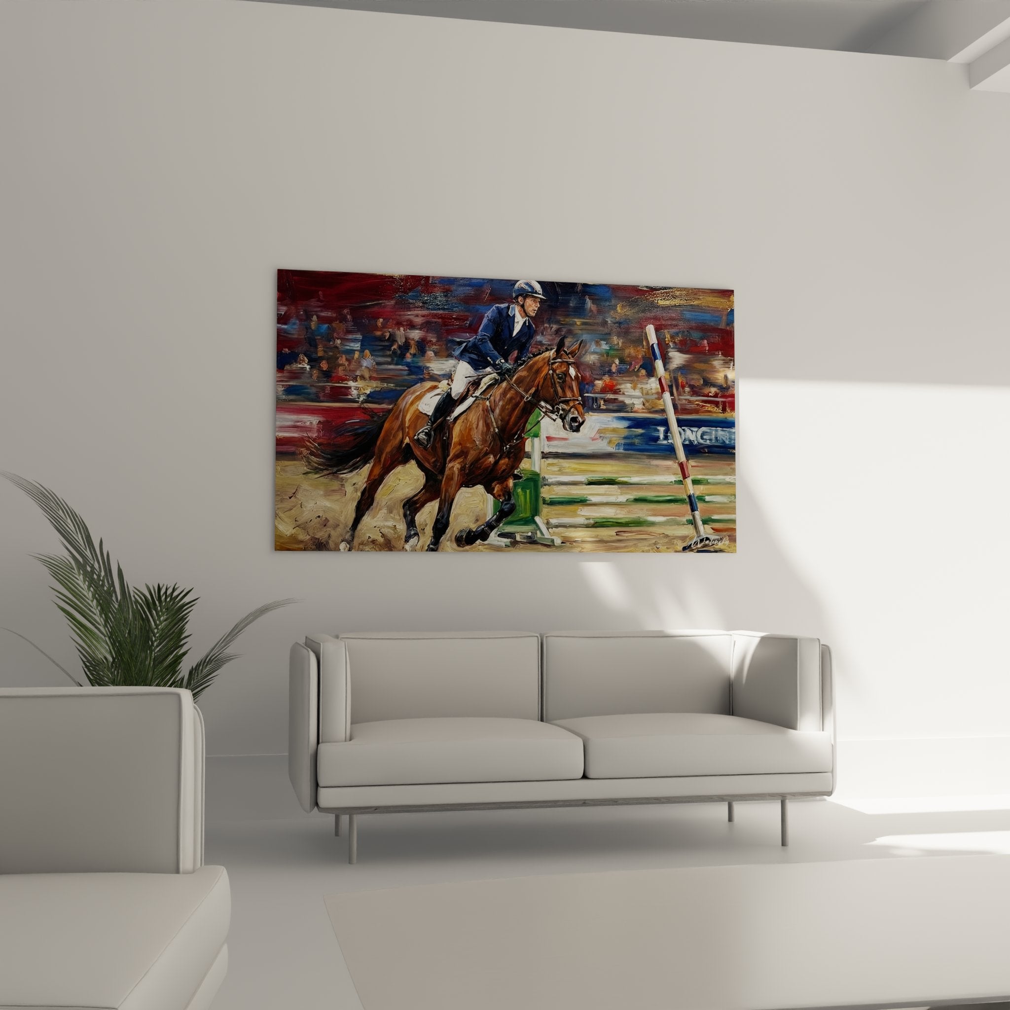 Detailaufnahme Springreiter Wandbild - kunstvolle Darstellung von Pferd und Reiter beim Sprung