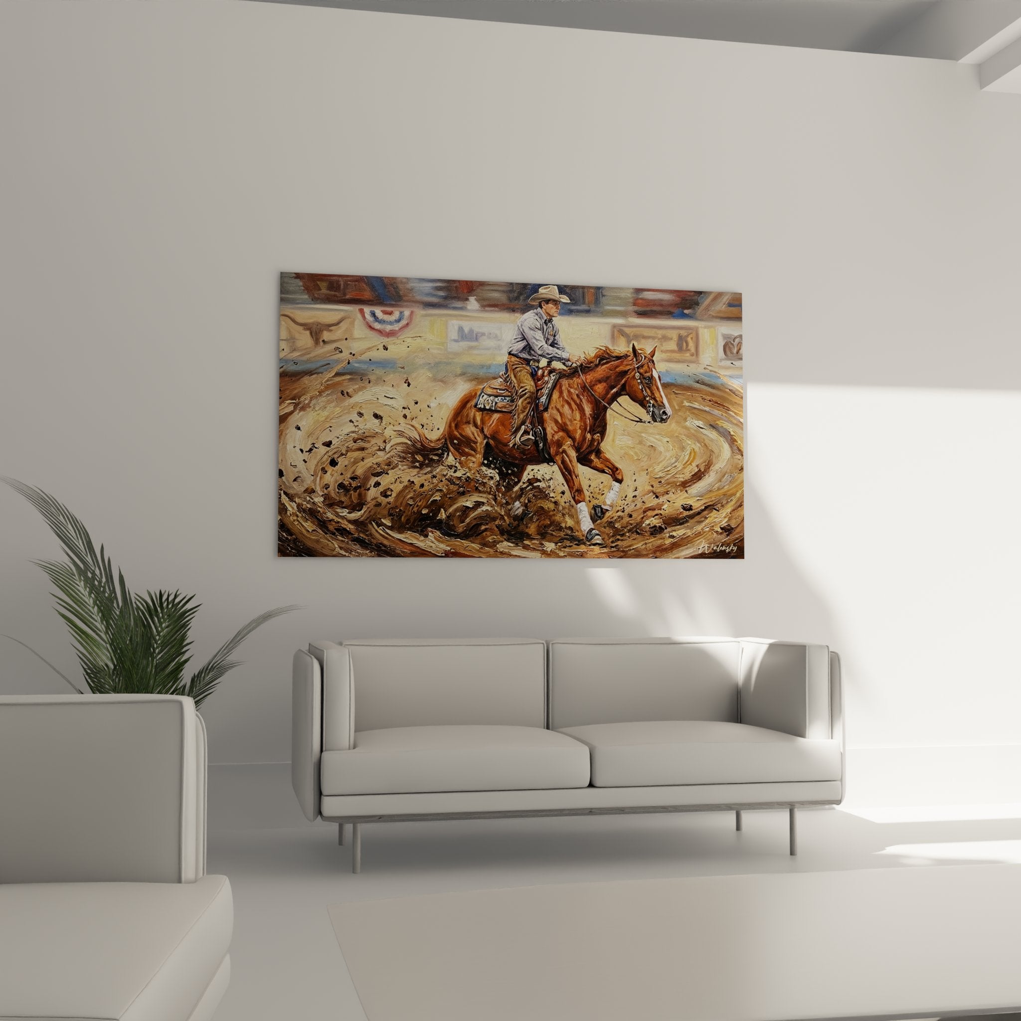 Detailansicht des Rodeo-Wandbildes zeigt meisterhafte Malerei von Reiter, Pferd und dynamischer Bewegung