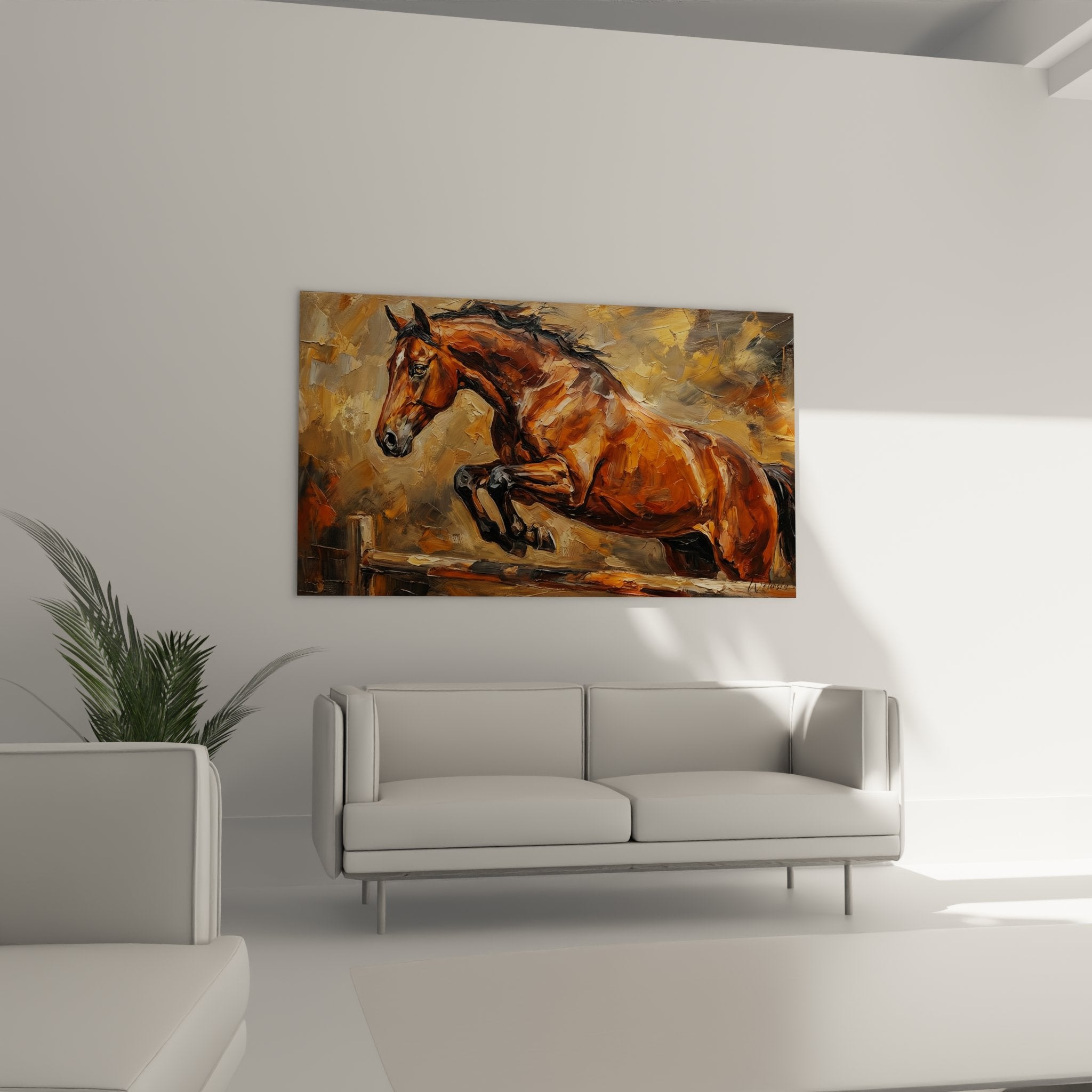 Detailansicht des Wandbildes mit springendem Pferd und sichtbaren Pinselstrichen