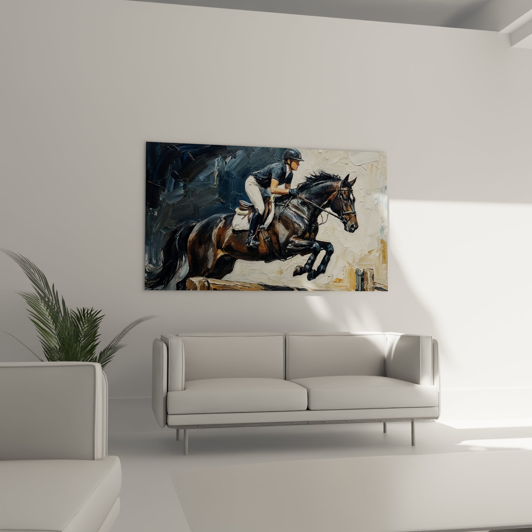 Detailansicht Wandbild Dressurreiter - Nahaufnahme der eleganten Sprungbewegung von Pferd und Reiter