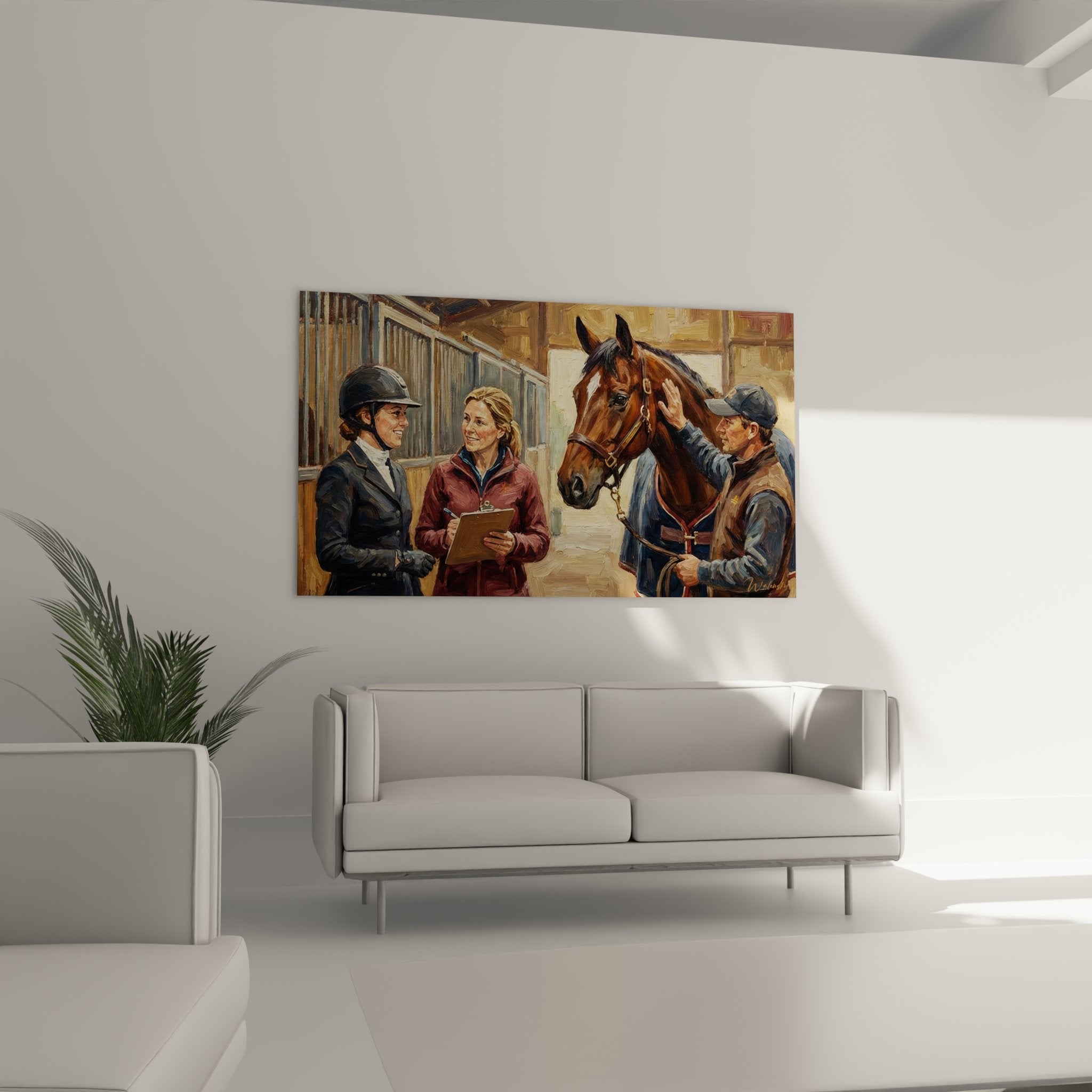 Detailansicht des Wandbildes zeigt braunes Pferd mit Reiterinnen im traditionellen Stall
