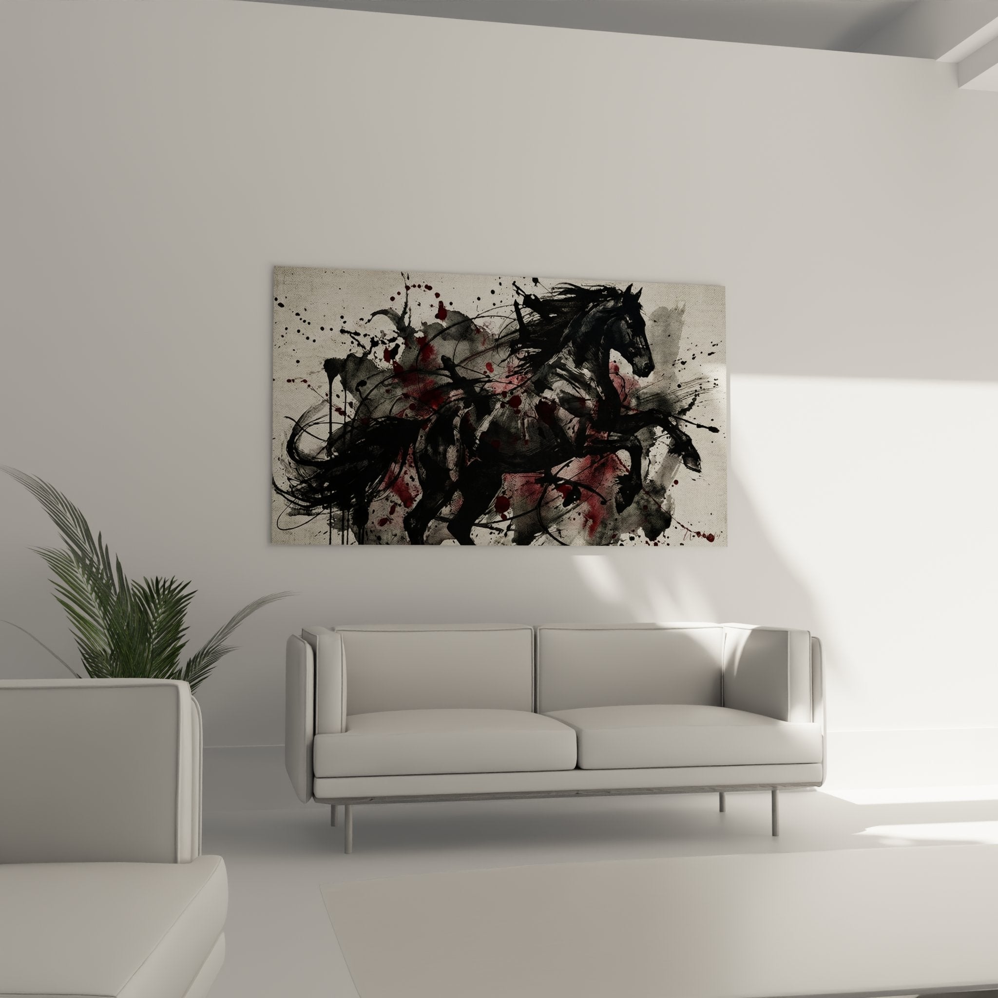 Nahaufnahme des Pferde Wandbildes zeigt dynamische Pinselführung und künstlerische Details der Mähne