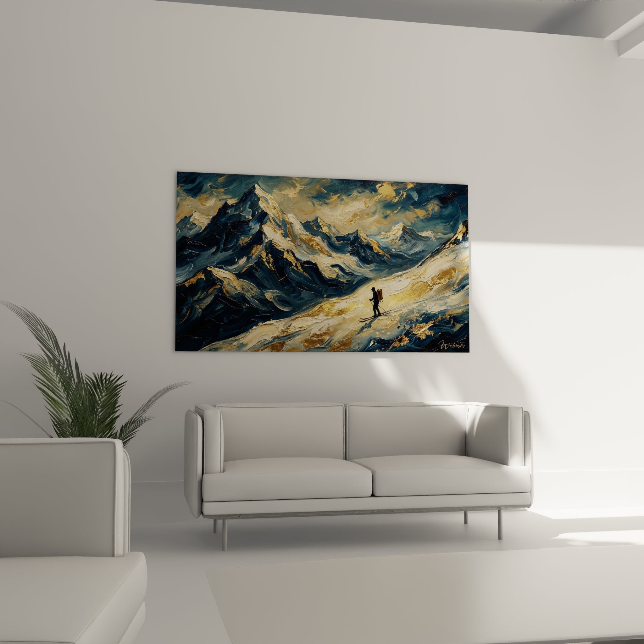 Nahaufnahme des Skifahrer Wandbildes - detailreiche Pinselstriche in Blau und Gold