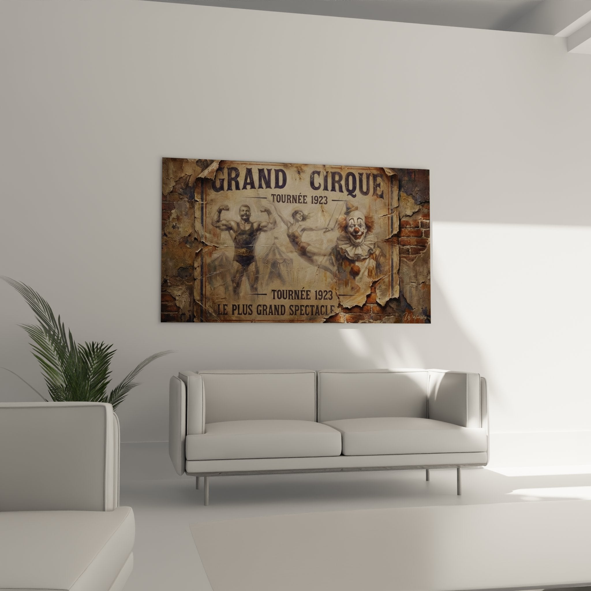 Nahaufnahme Details vintage Grand Cirque Plakat 1923 mit authentischer Patina und klassischen Zirkusartisten