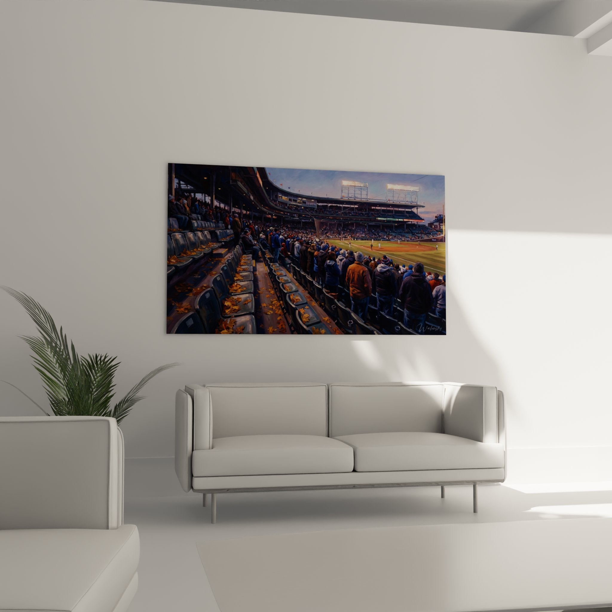 Nahaufnahme des Baseballstadion Wandbildes zeigt Details der Herbstblätter und Stadionatmosphäre