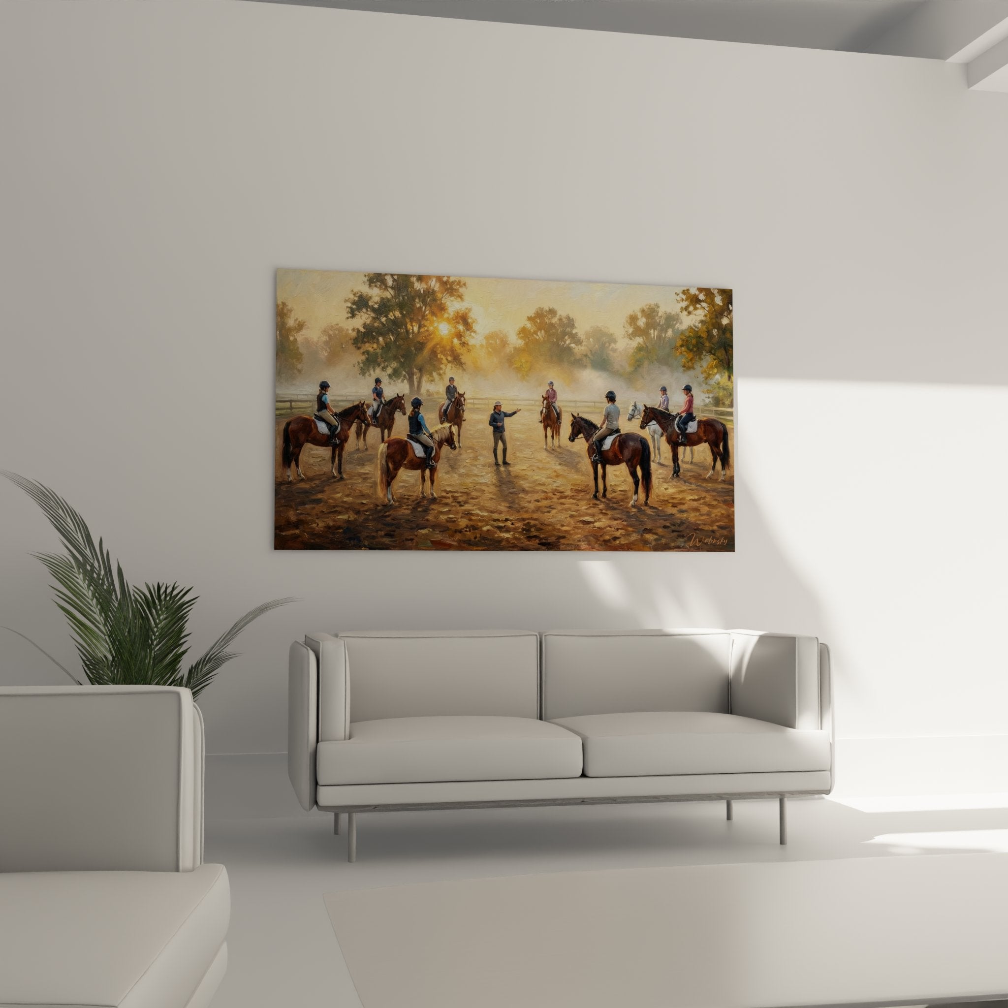 Detailansicht des Reitunterricht-Wandbildes zeigt meisterhafte Darstellung von Reitern und Pferden