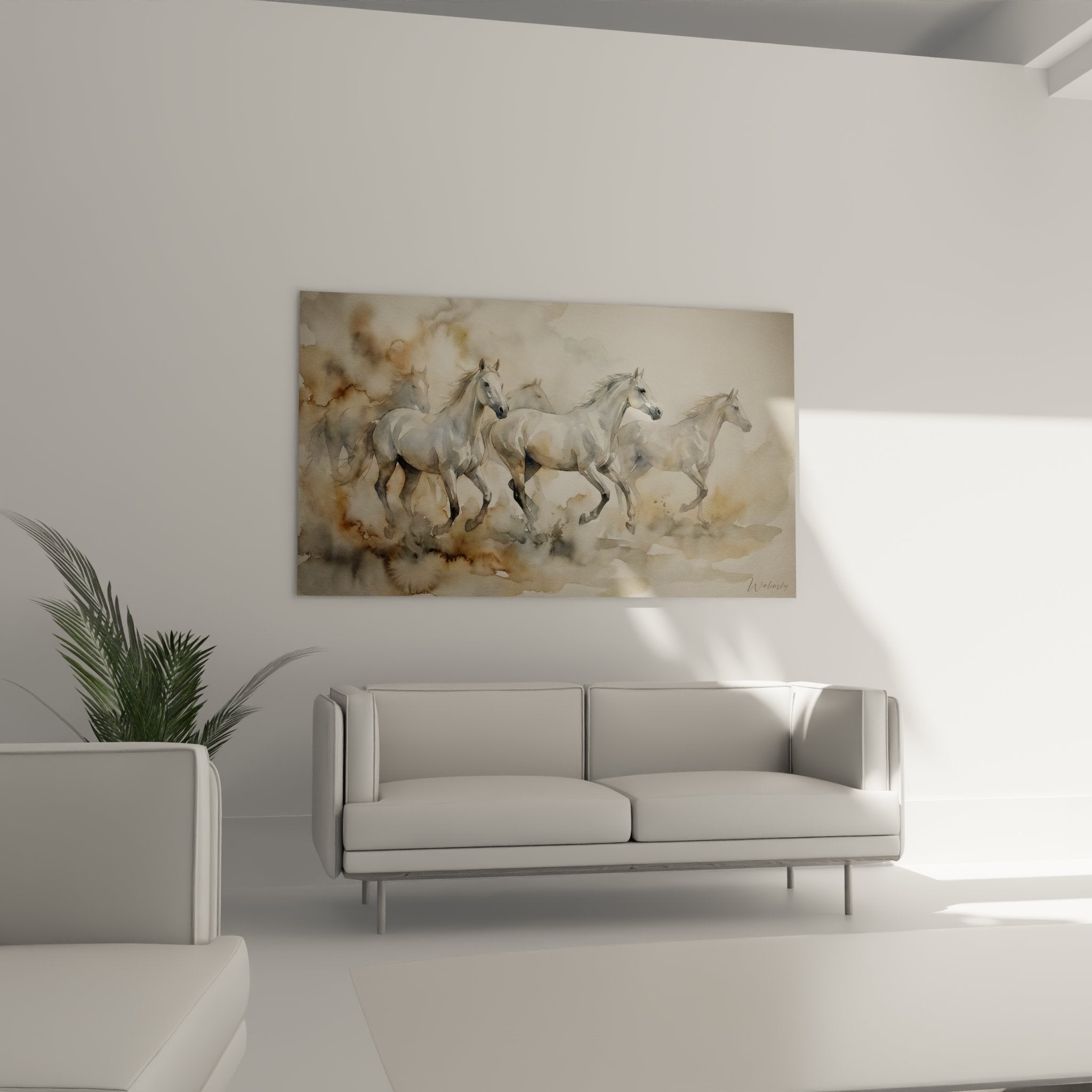 Nahaufnahme des Pferde-Aquarells mit Details der galoppierenden weißen Pferde und Aquarelltechnik