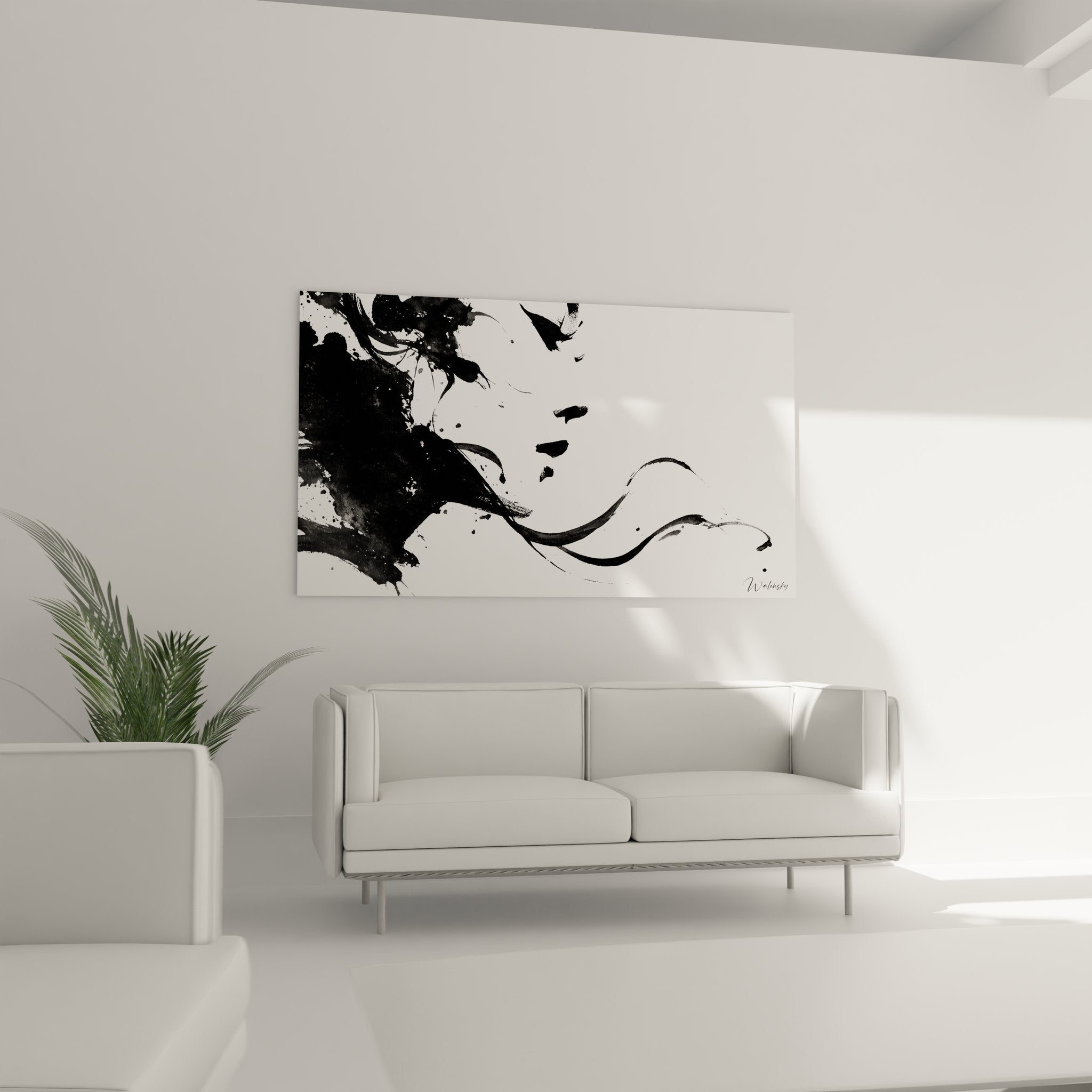 Detailaufnahme der expressiven Pinselstriche und Farbspritzer des abstrakten Frauenportraits in schwarz-weiß