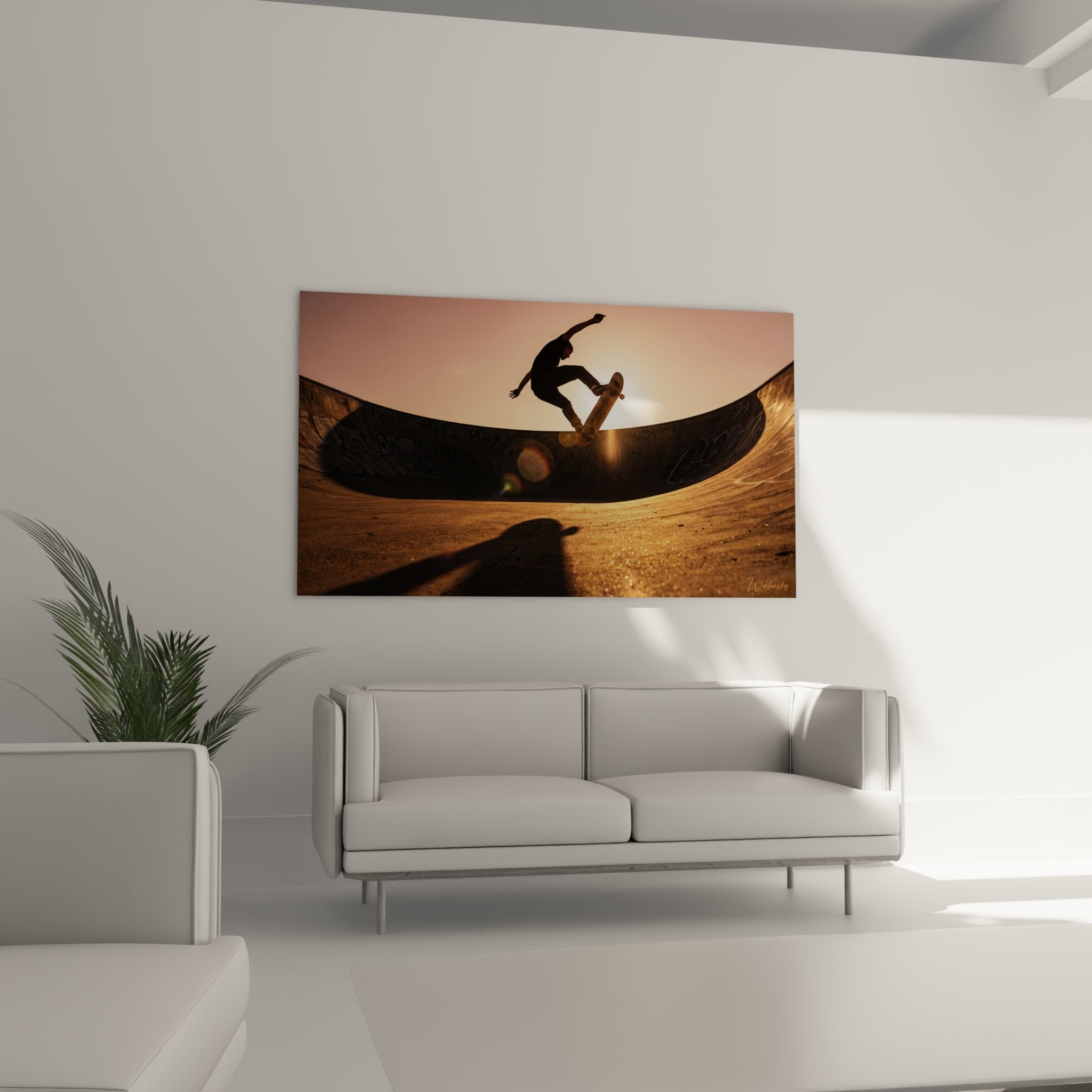 Nahaufnahme des Skateboard Wandbilds zeigt Details der Skater Silhouette und goldenen Lichteffekte