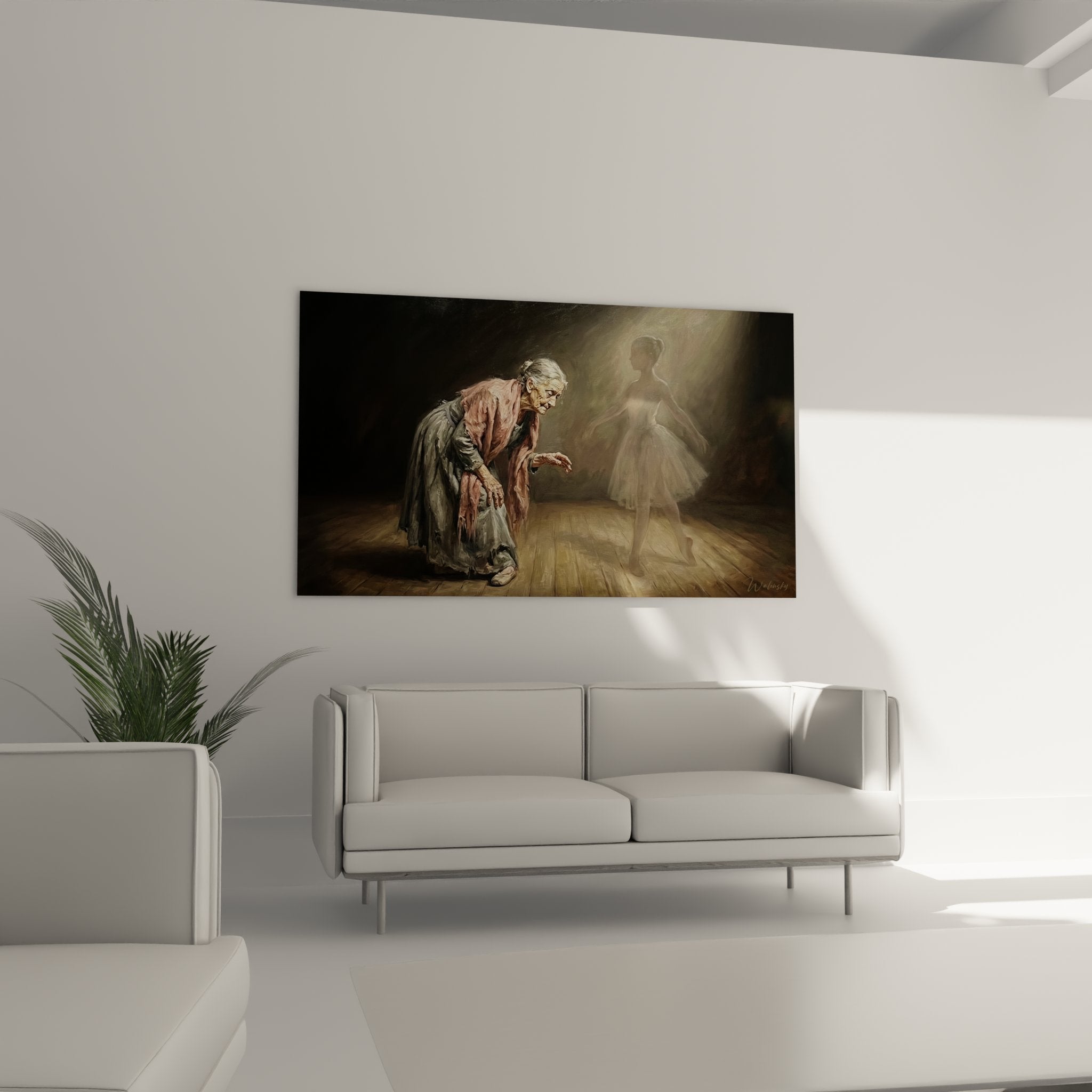 Detailaufnahme alte Ballerina Wandbild, ausdrucksstarke Darstellung mit Geistererscheinung