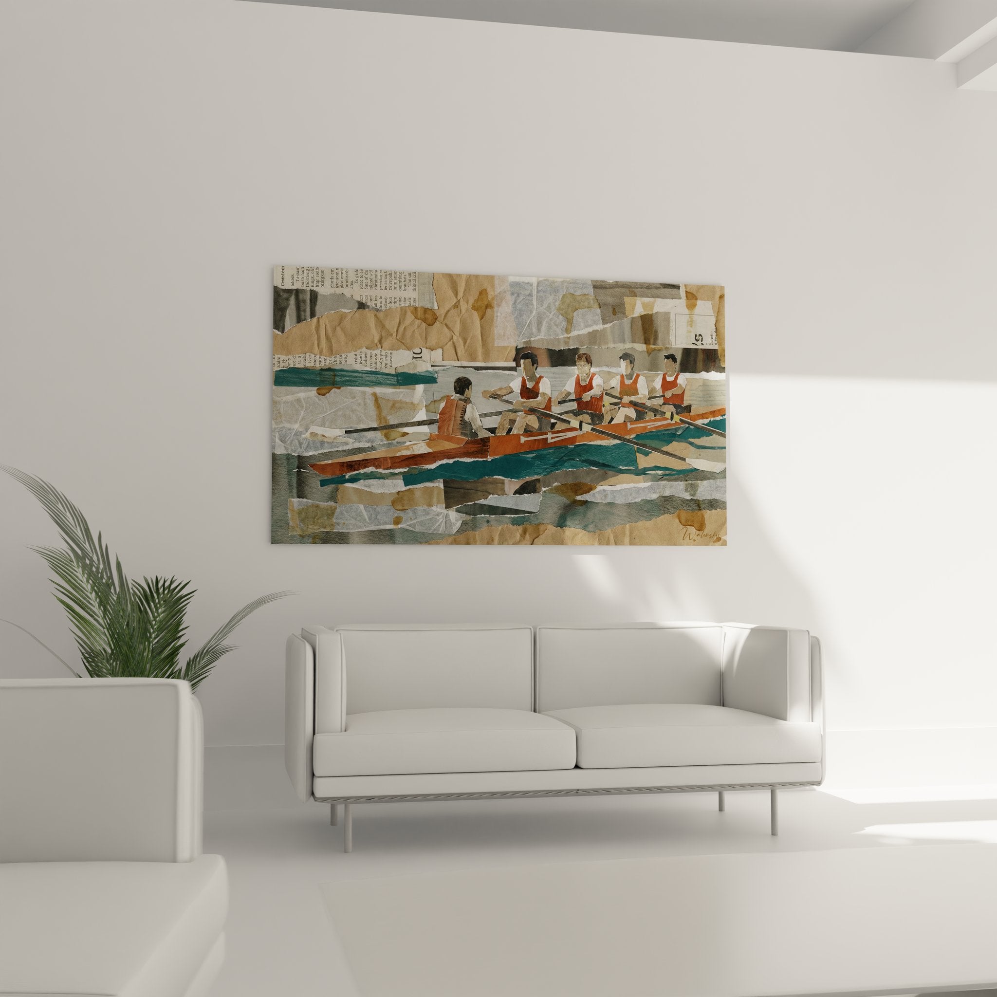 Detailaufnahme der Mixed-Media Collage-Technik des Ruderteam Wandbildes mit Papierfragmenten