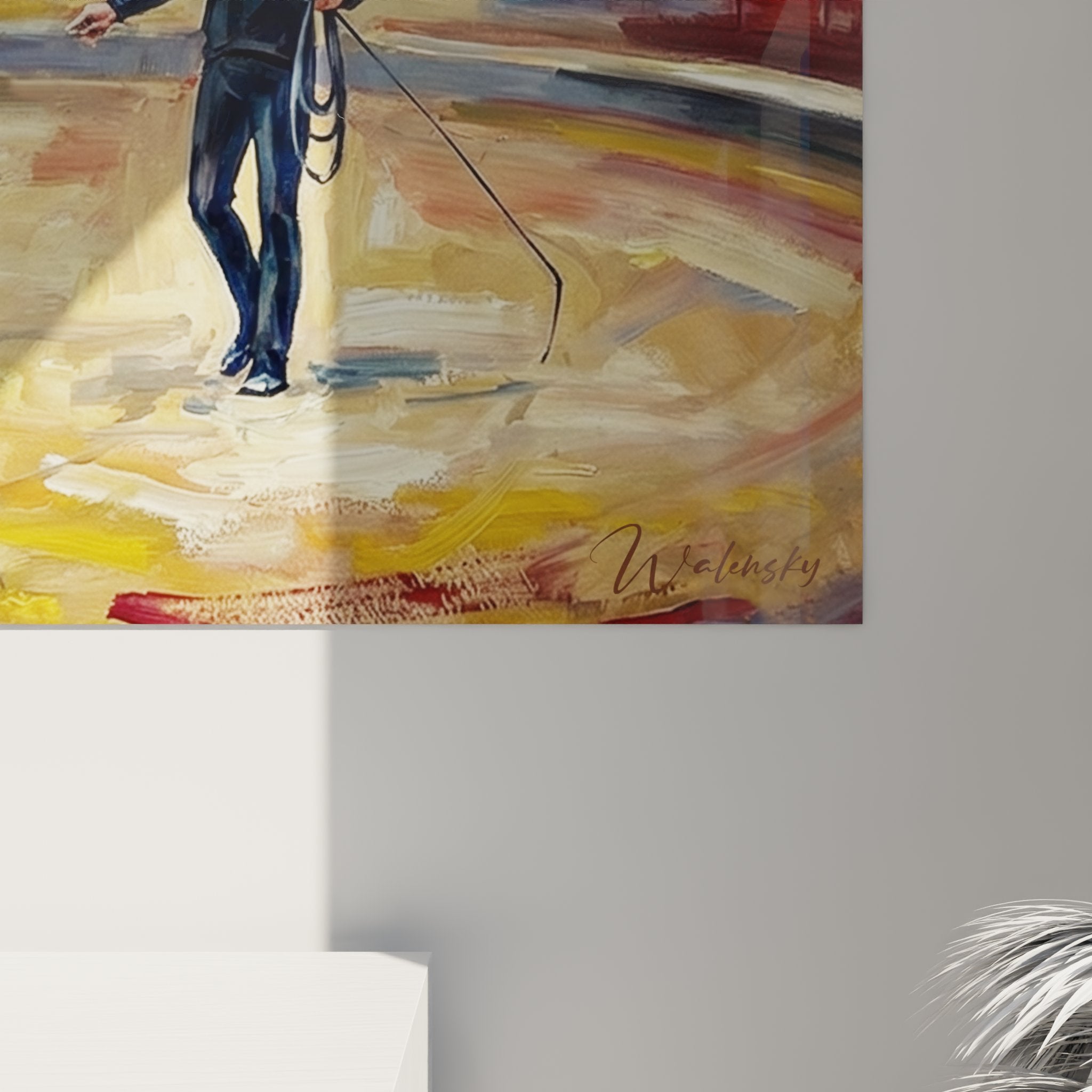 Gesamtansicht Wandbild klassische Reitkunst Dressurreiterin Schimmelhengst Reithalle