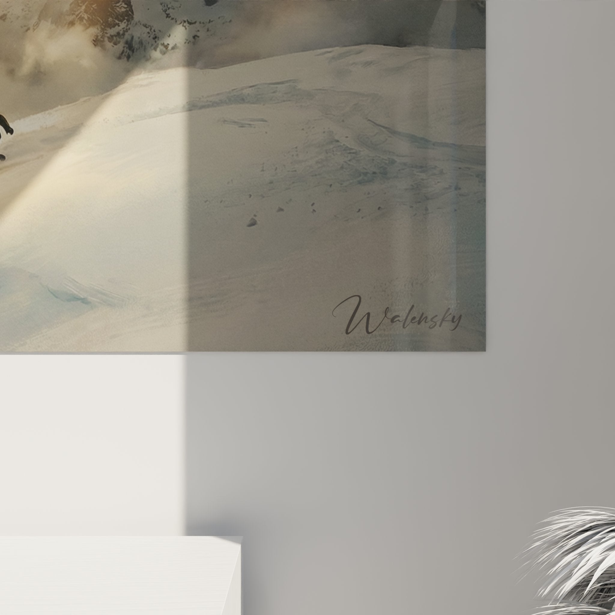 Gesamtansicht des Snowboarder Wandbildes mit dramatischer Bergkulisse