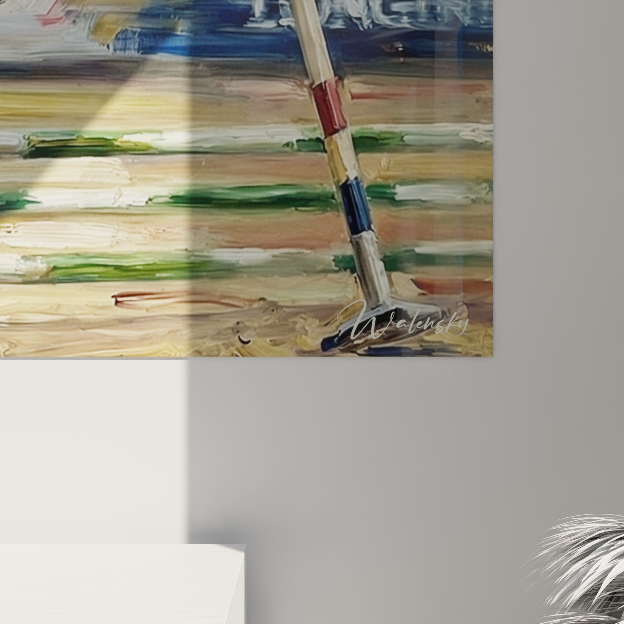 Gesamtansicht Springreiter Wandbild - dynamische Pferdesport Kunst für die Wandgestaltung