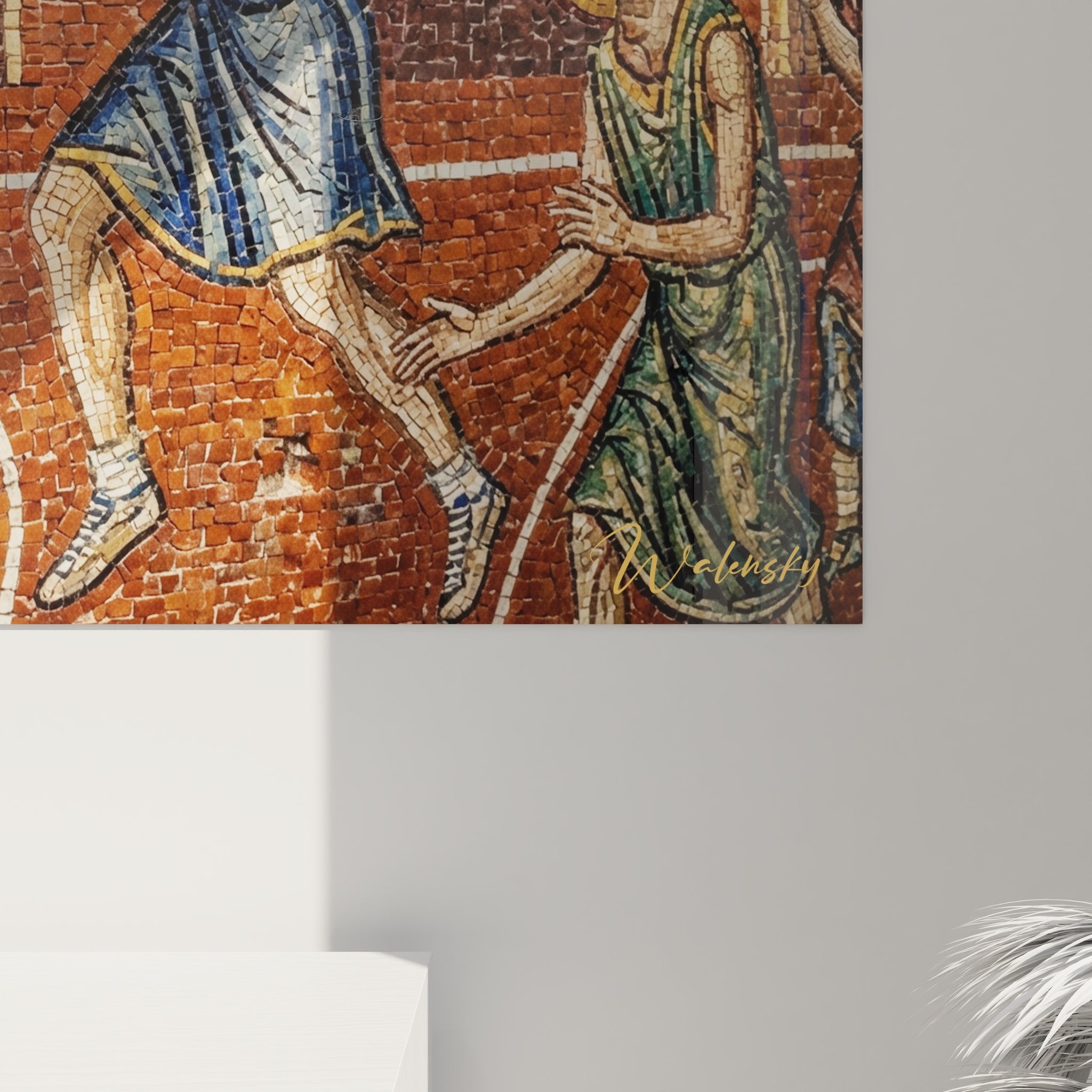 Gesamtansicht des byzantinischen Basketball-Wandbildes in modernem Wohnambiente