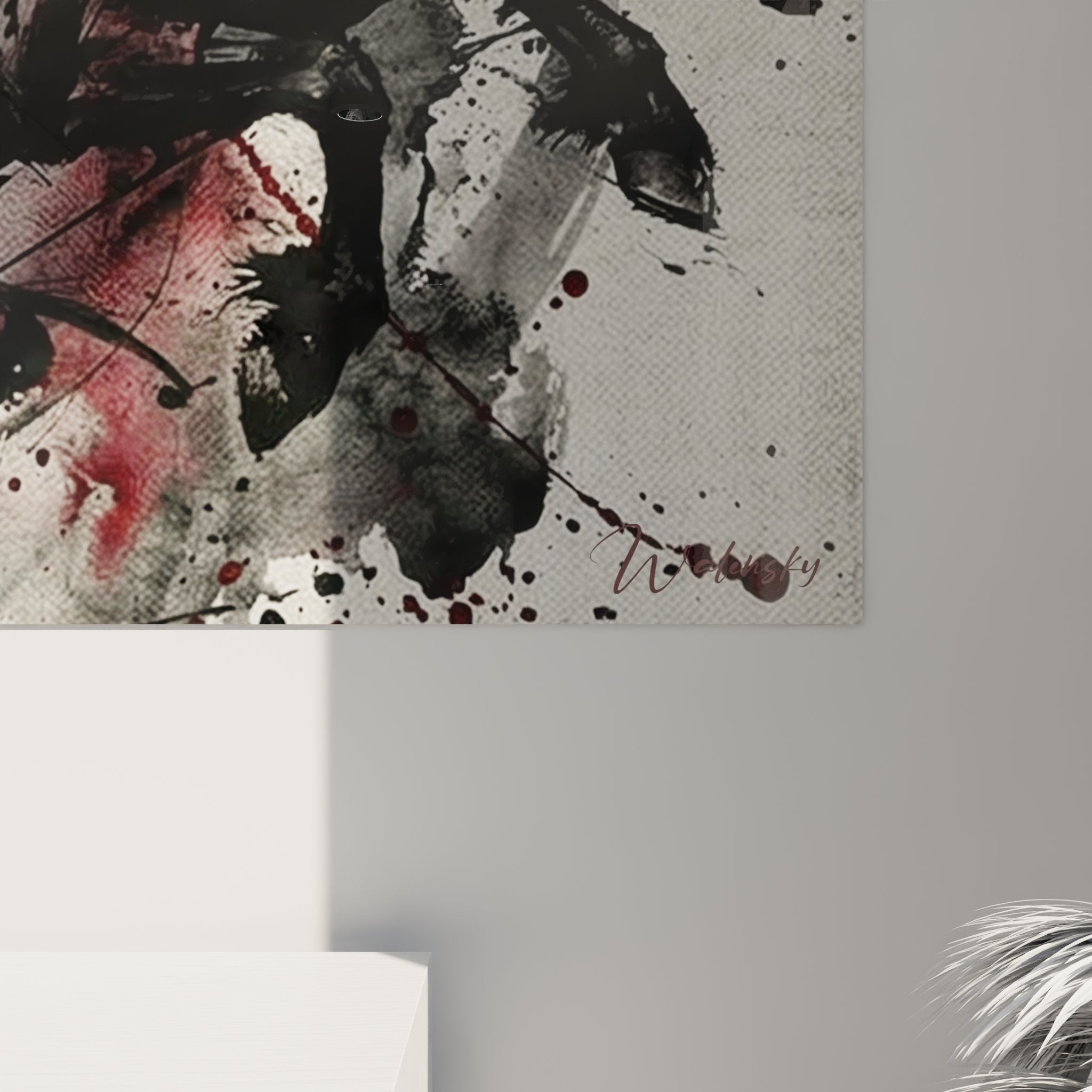 Gesamtansicht des modernen Pferde Wandbildes mit schwarzem Hengst in galoppierender Bewegung