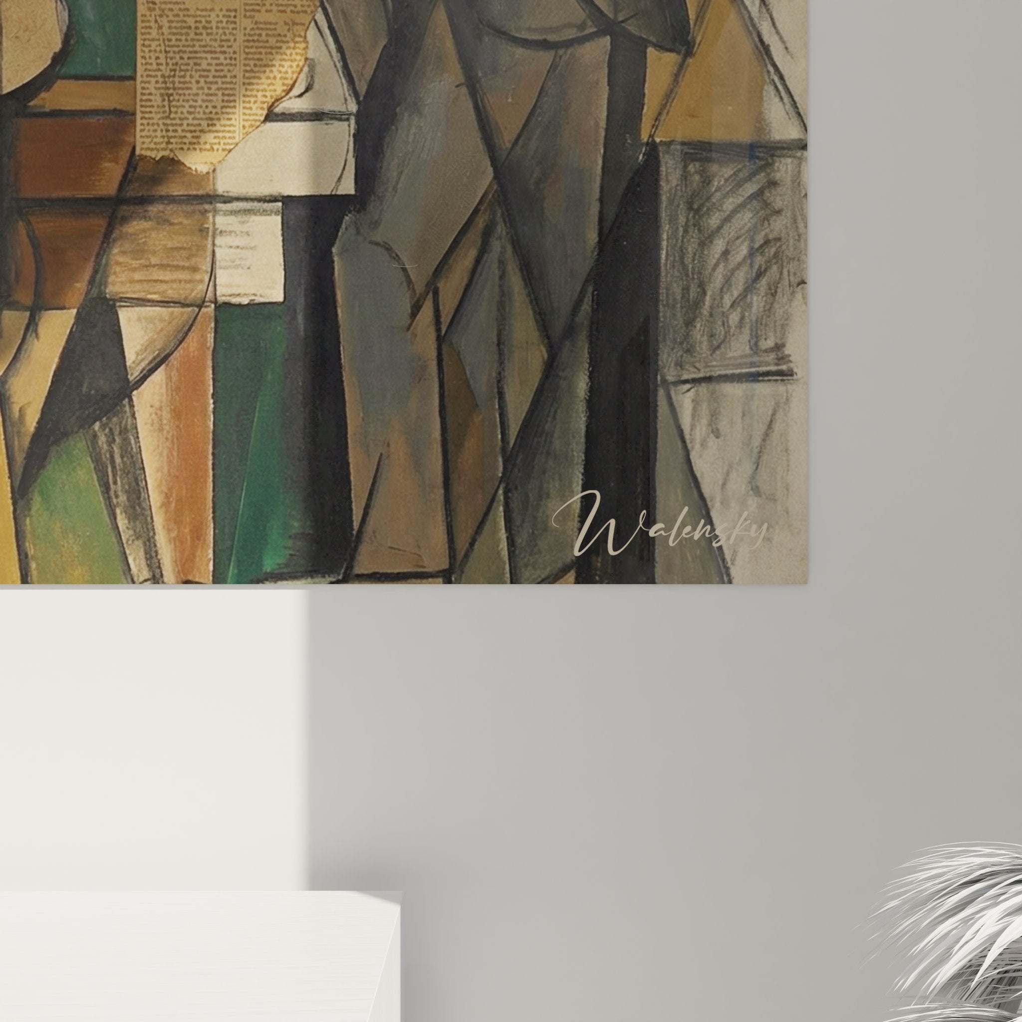 Gesamtansicht des geometrischen Billardpartie-Wandbildes in kubistischem Stil