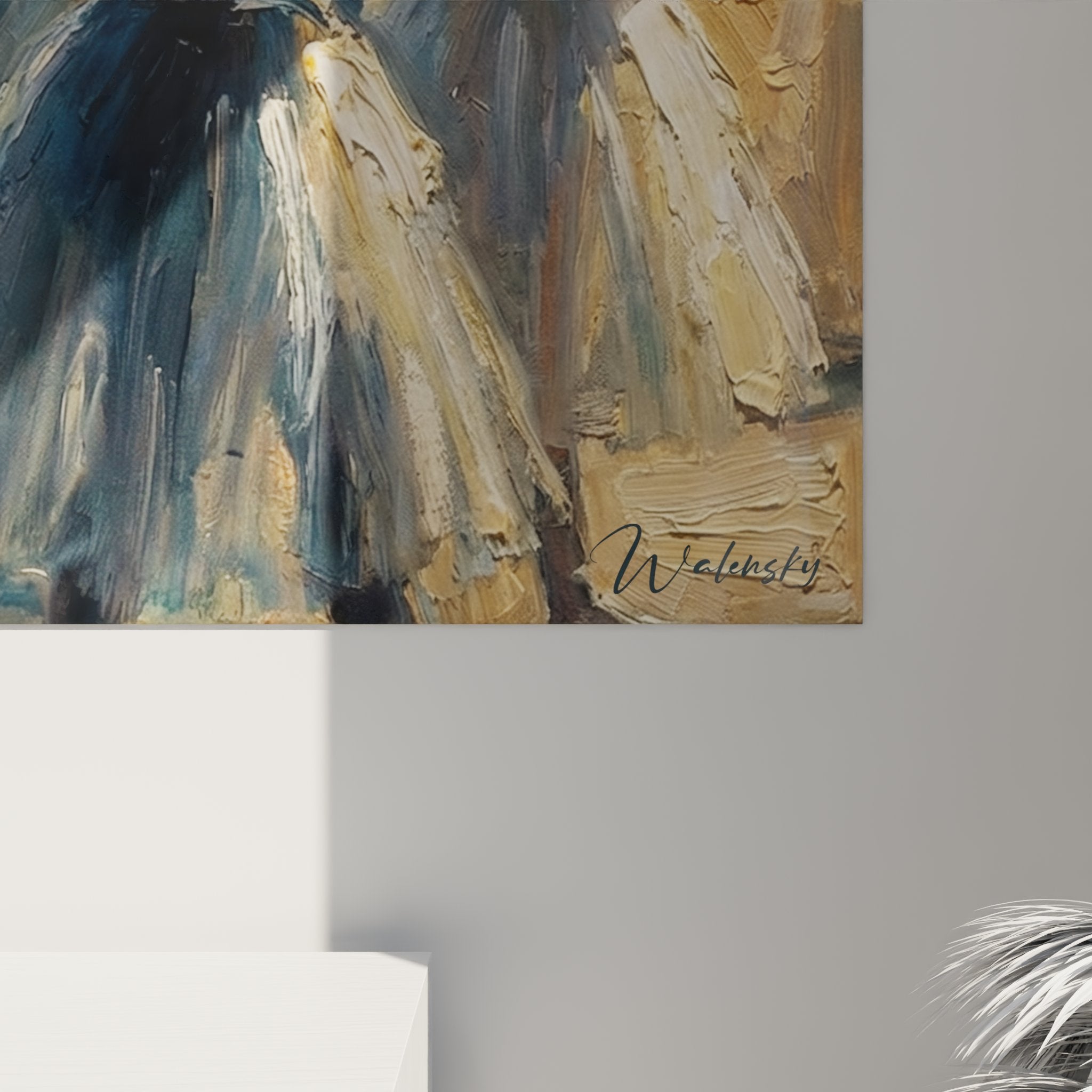 Gesamtansicht des Ballett Wandbildes mit Spiegelreflexionen in blau-goldener Farbpalette