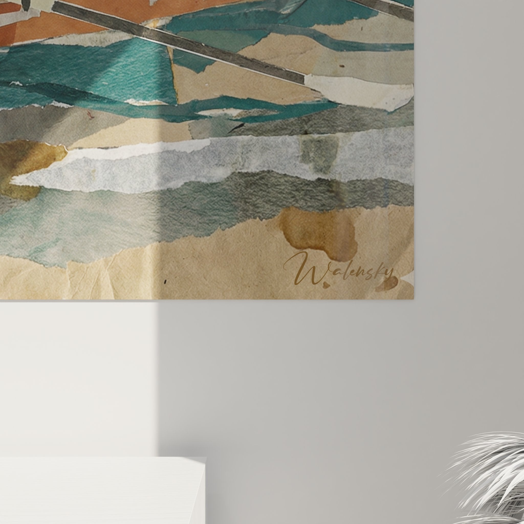 Gesamtansicht des Ruderteam Collage Wandbildes mit warmer Farbpalette und künstlerischen Elementen