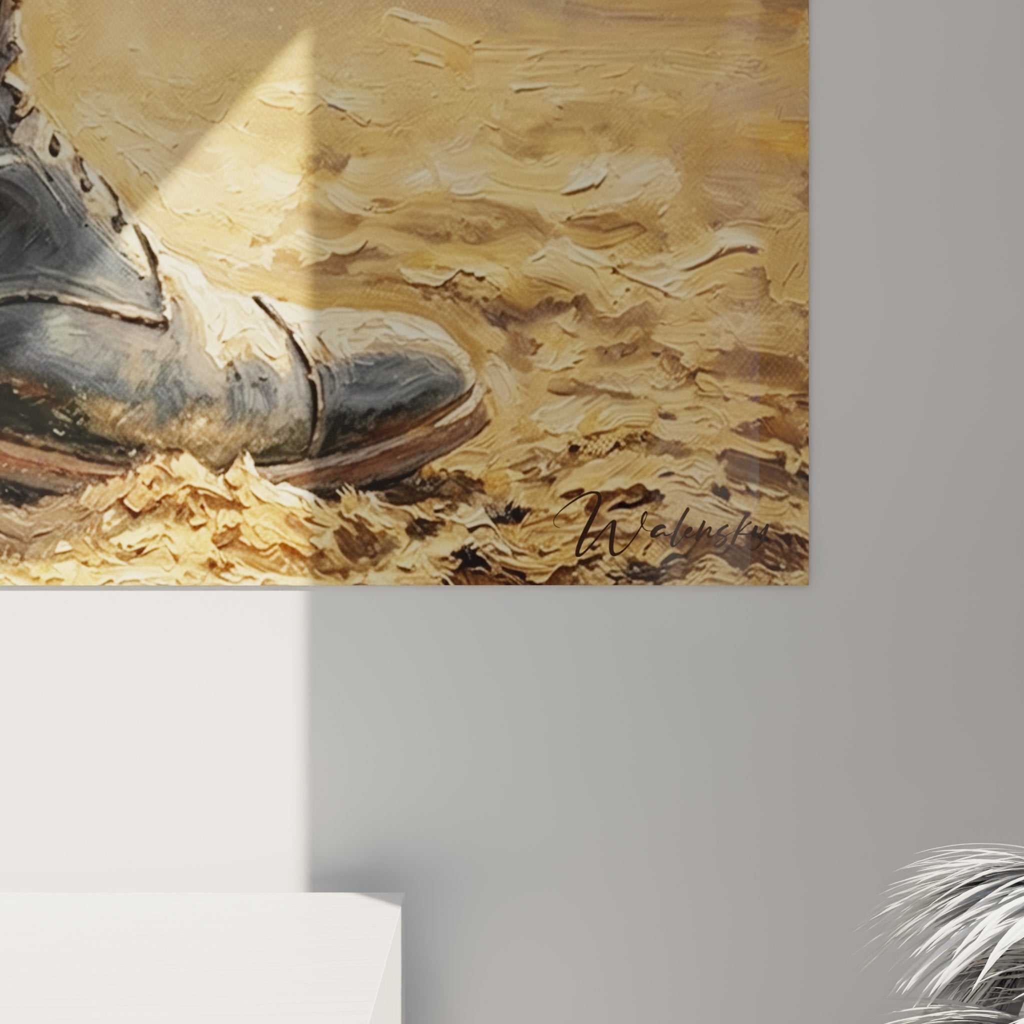 Gesamtansicht Cowboy-Stiefel Wandbild - rustikale Stallszene mit goldenem Licht