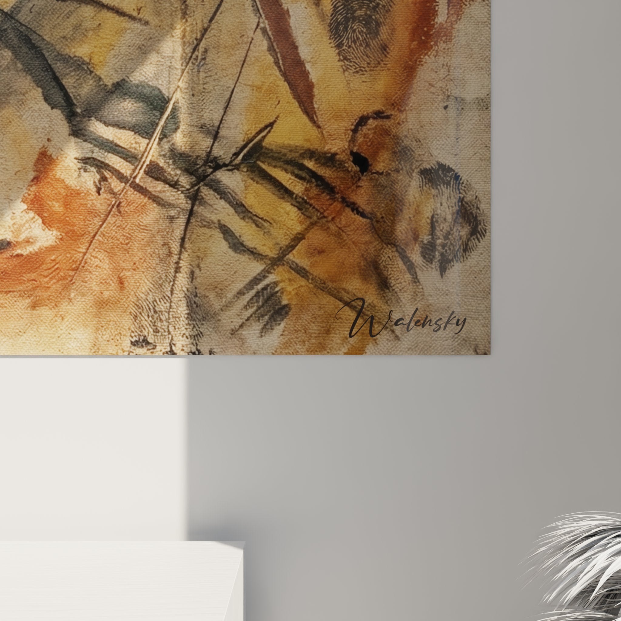 Gesamtansicht des prähistorischen Läufer Wandbildes mit authentischer Höhlenmalerei-Optik