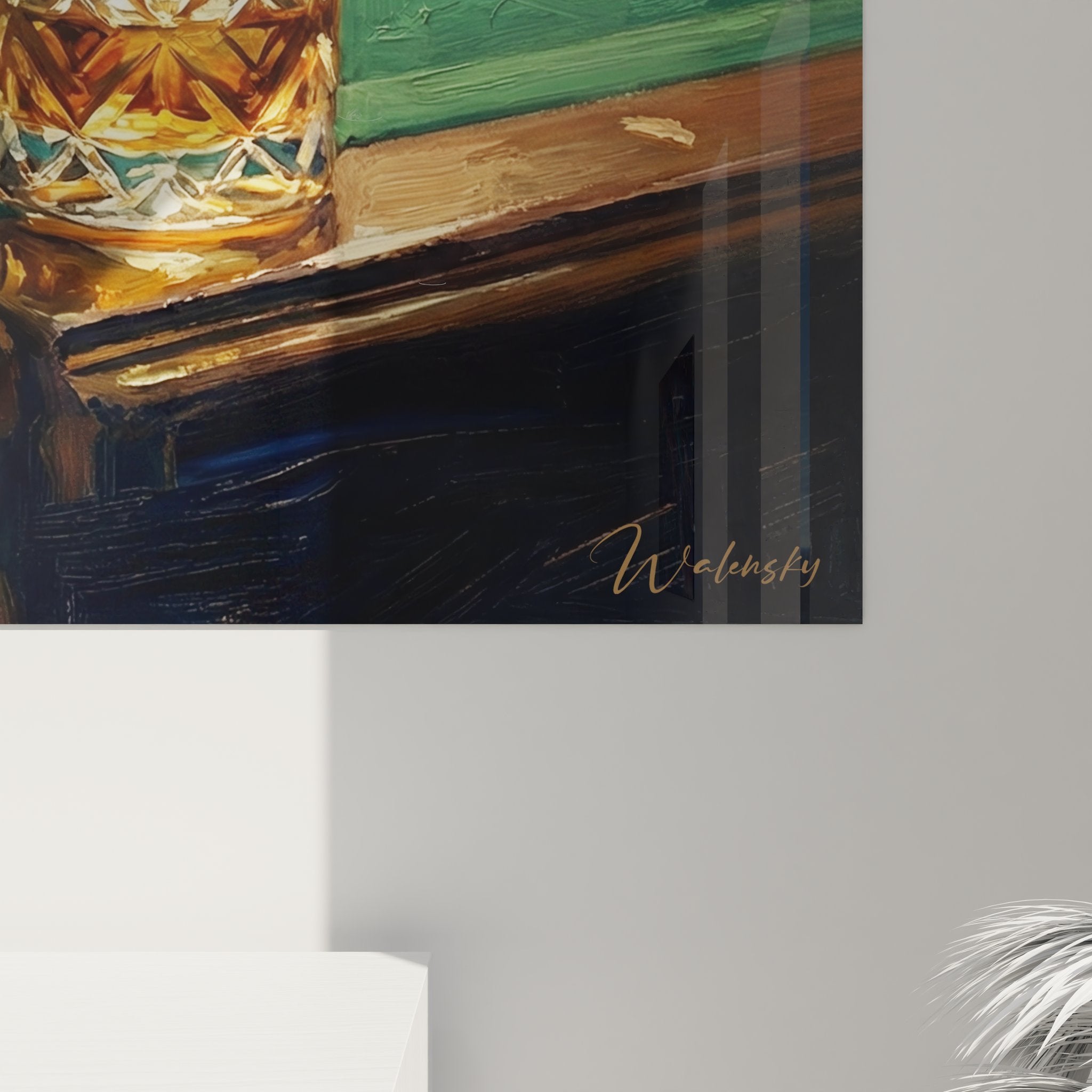 Gesamtansicht Billard-Wandbild mit grünem Tisch, Whisky-Glas und traditioneller Billardlampe