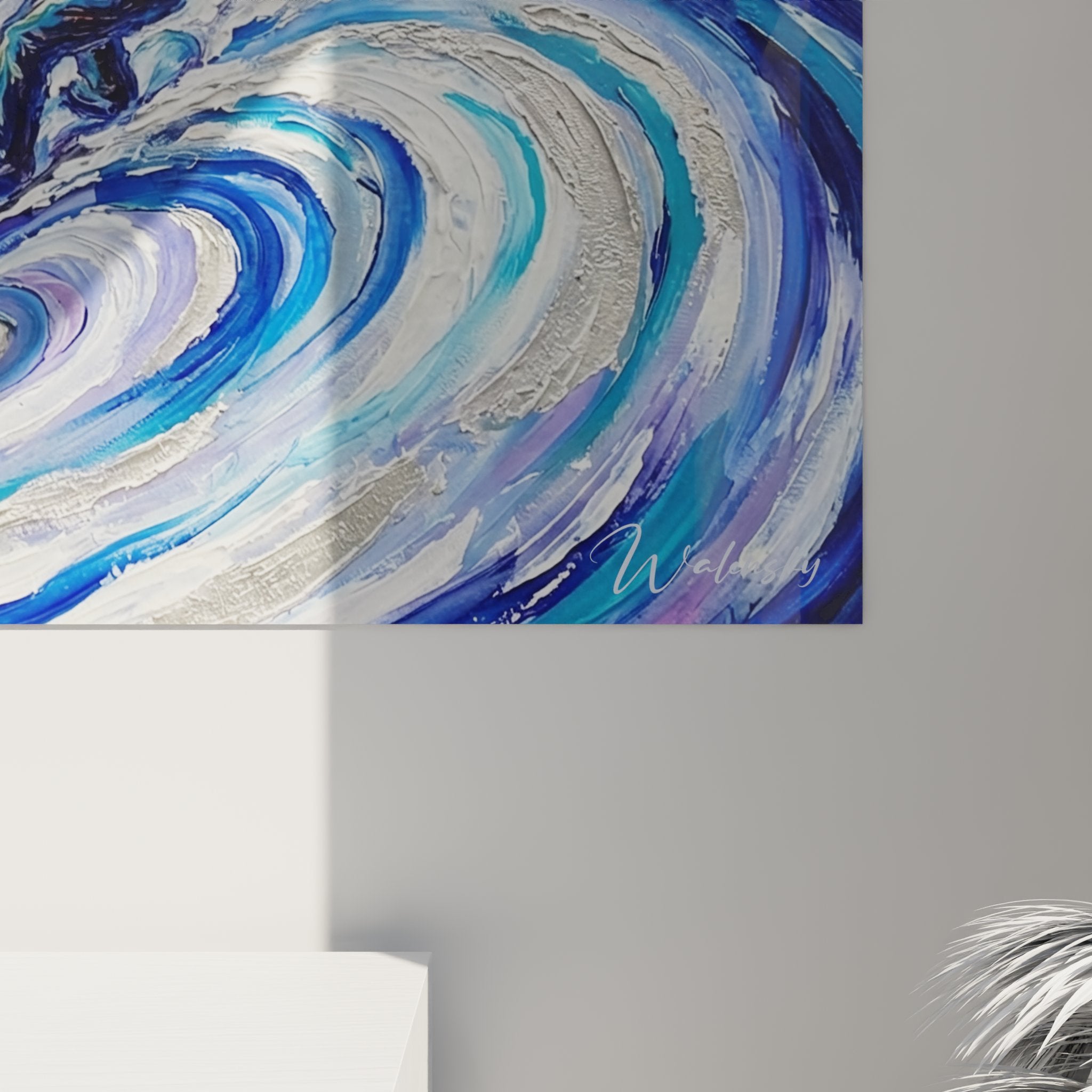 Gesamtansicht des Snowboarder unter Sternenhimmel Wandbildes mit blau-türkiser Farbpalette