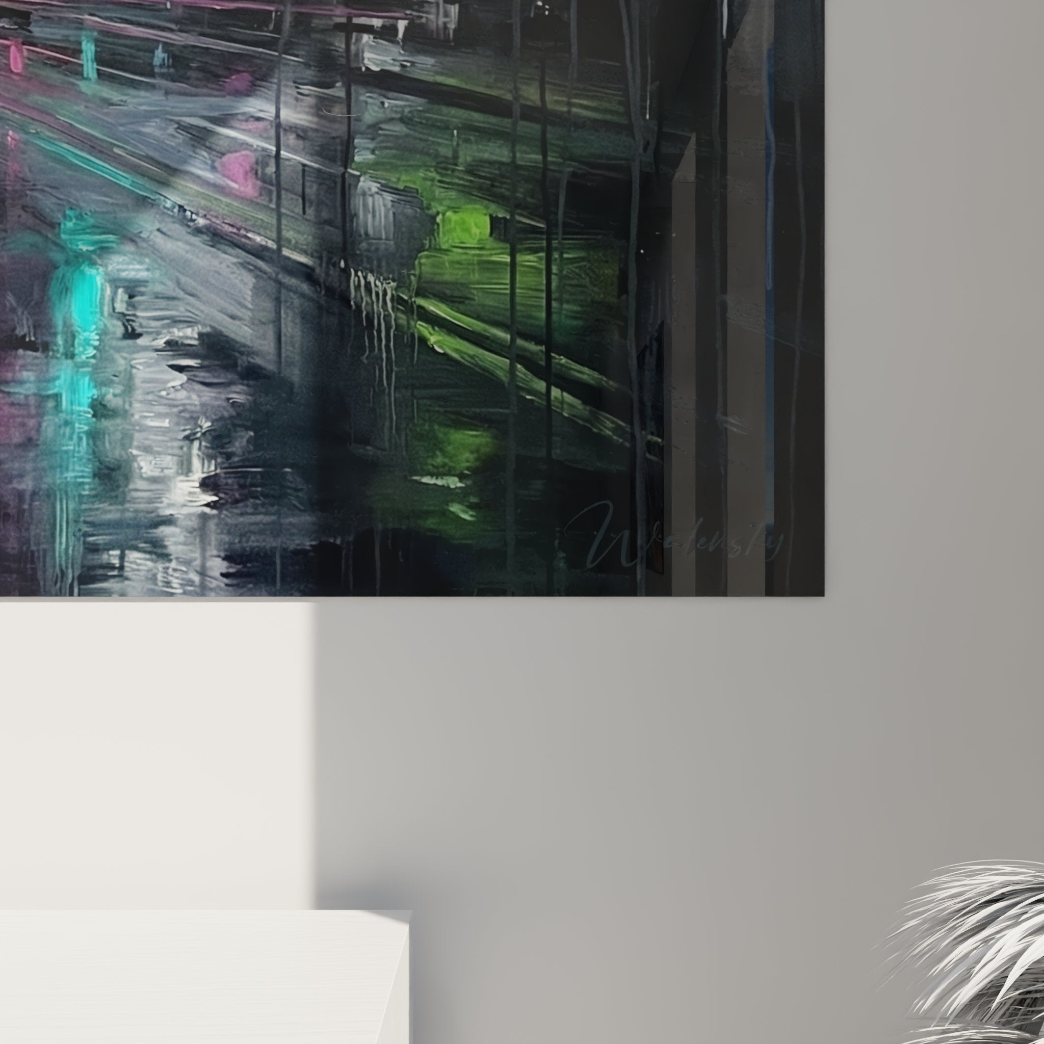 Gesamtansicht Wandbild urbaner Nachtlauf mit Läufer zwischen leuchtenden Schaufenstern im Regen