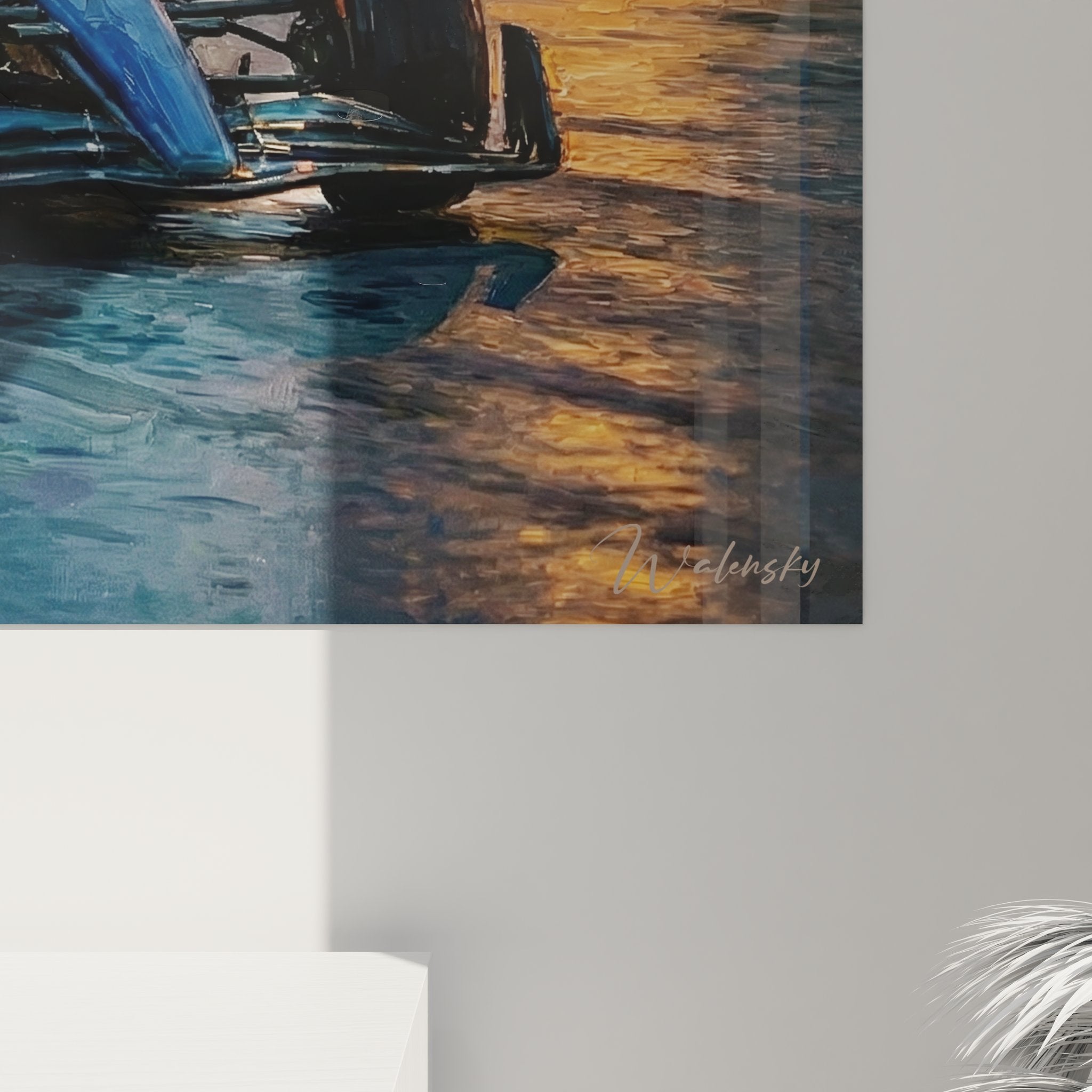 Gesamtansicht Formel 1 Regenrennen Wandbild mit blauem Rennwagen und dramatischer Regenstimmung auf Leinwand