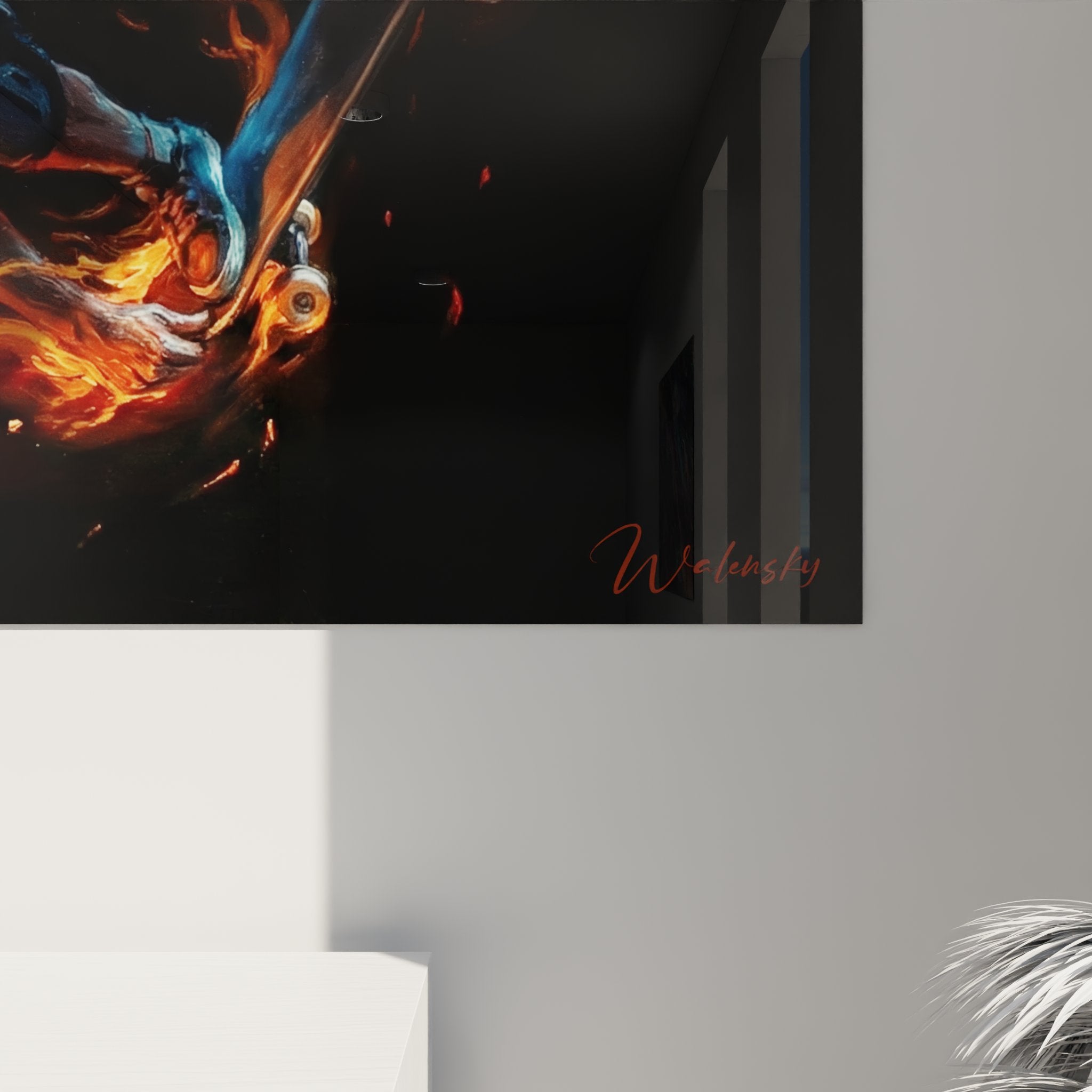 Gesamtansicht des Skateboard Wandbildes mit spektakulären Flammeneffekten auf dunklem geometrischem Hintergrund