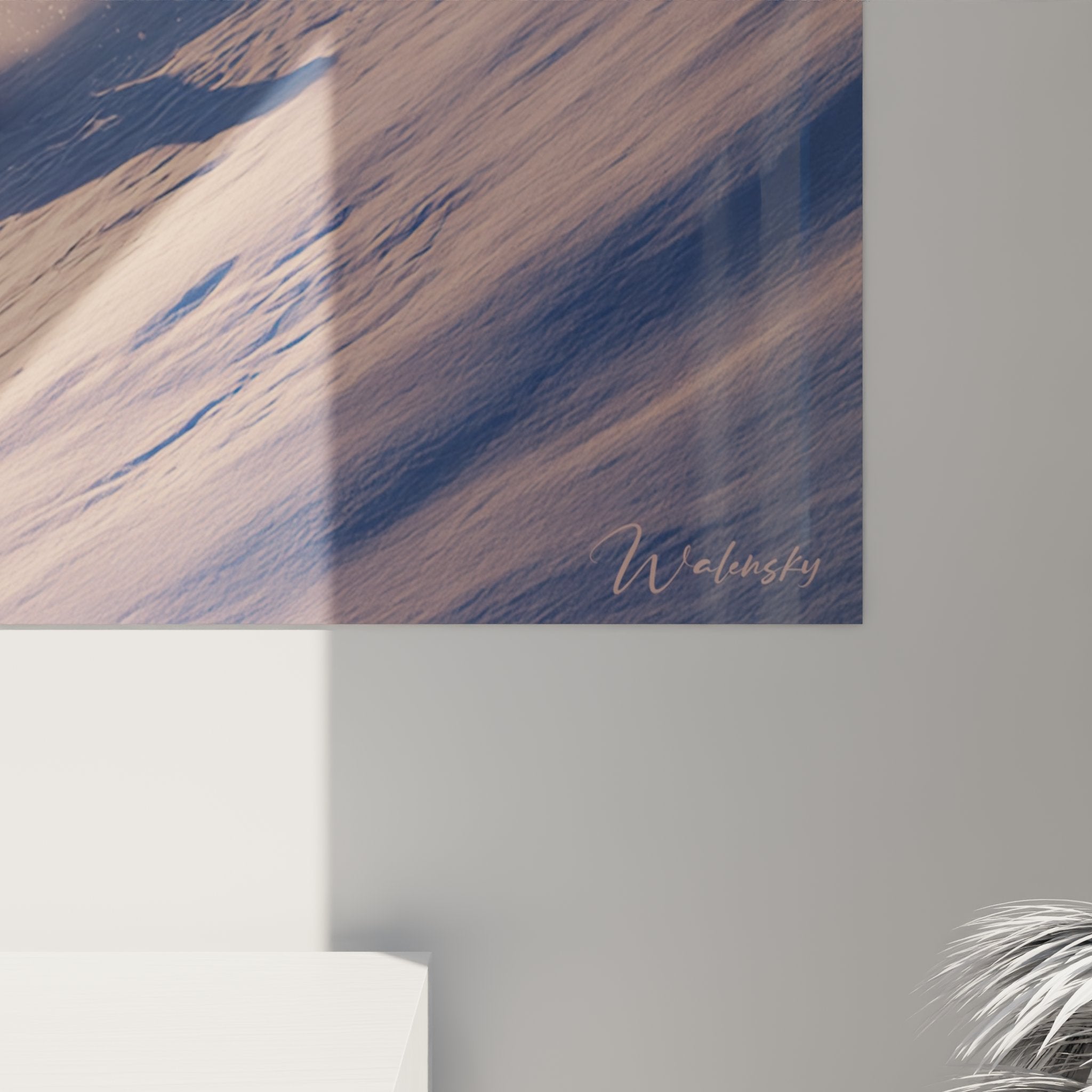 Gesamtansicht Snowboard Wandbild mit Berglandschaft und Sonnenuntergang Stimmung