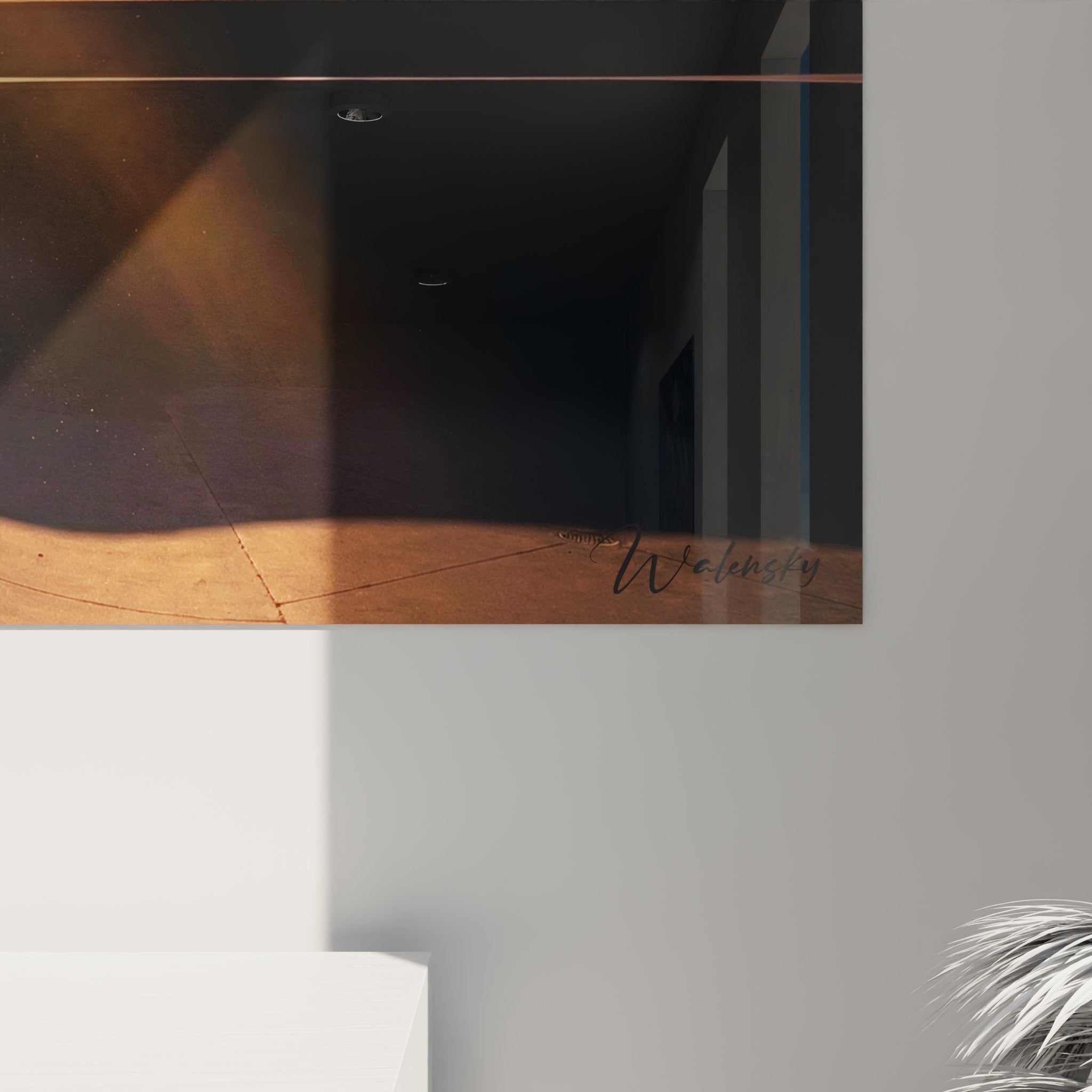 Gesamtansicht des gerahmten Skateboard Wandbildes mit Skateboarder Sprung bei Sonnenuntergang