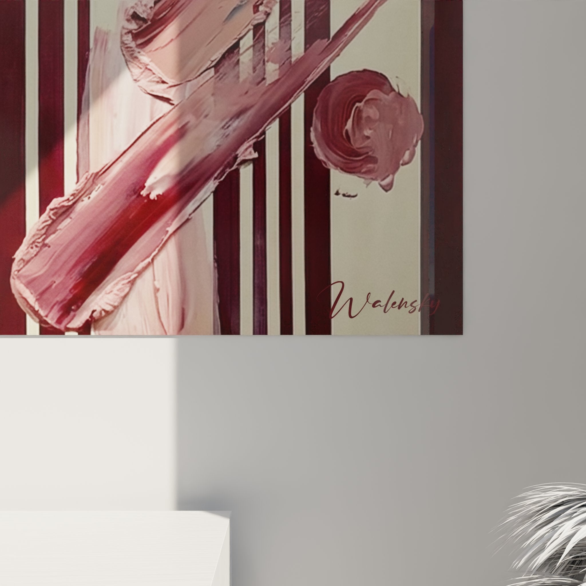 Gesamtansicht des dreiteiligen abstrakten Wandbildes mit vertikalen Streifen und dynamischen Farbkompositionen