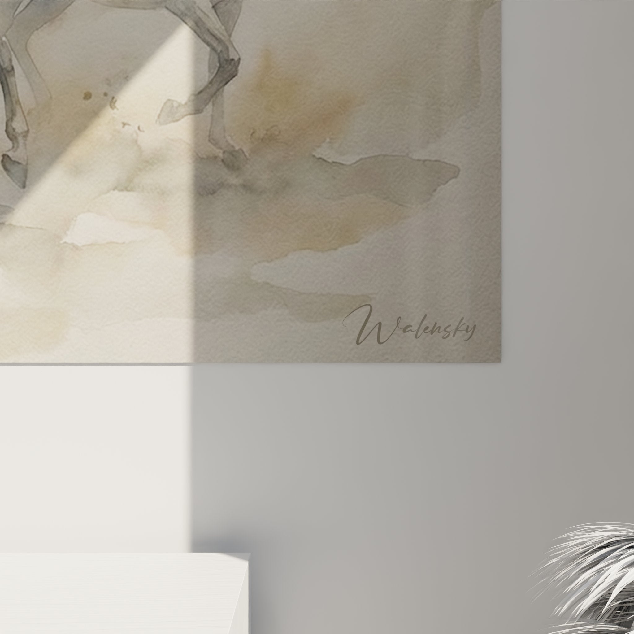 Gesamtansicht des Pferde-Wandbildes mit fünf galoppierenden Pferden in harmonischer Aquarell-Komposition