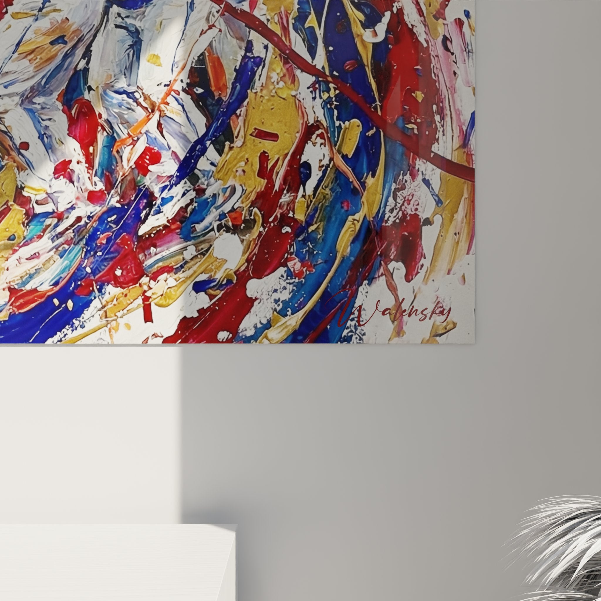 Gesamtansicht des dynamischen Baseball Wandbildes mit wirbelnden Farben und Spielerfiguren