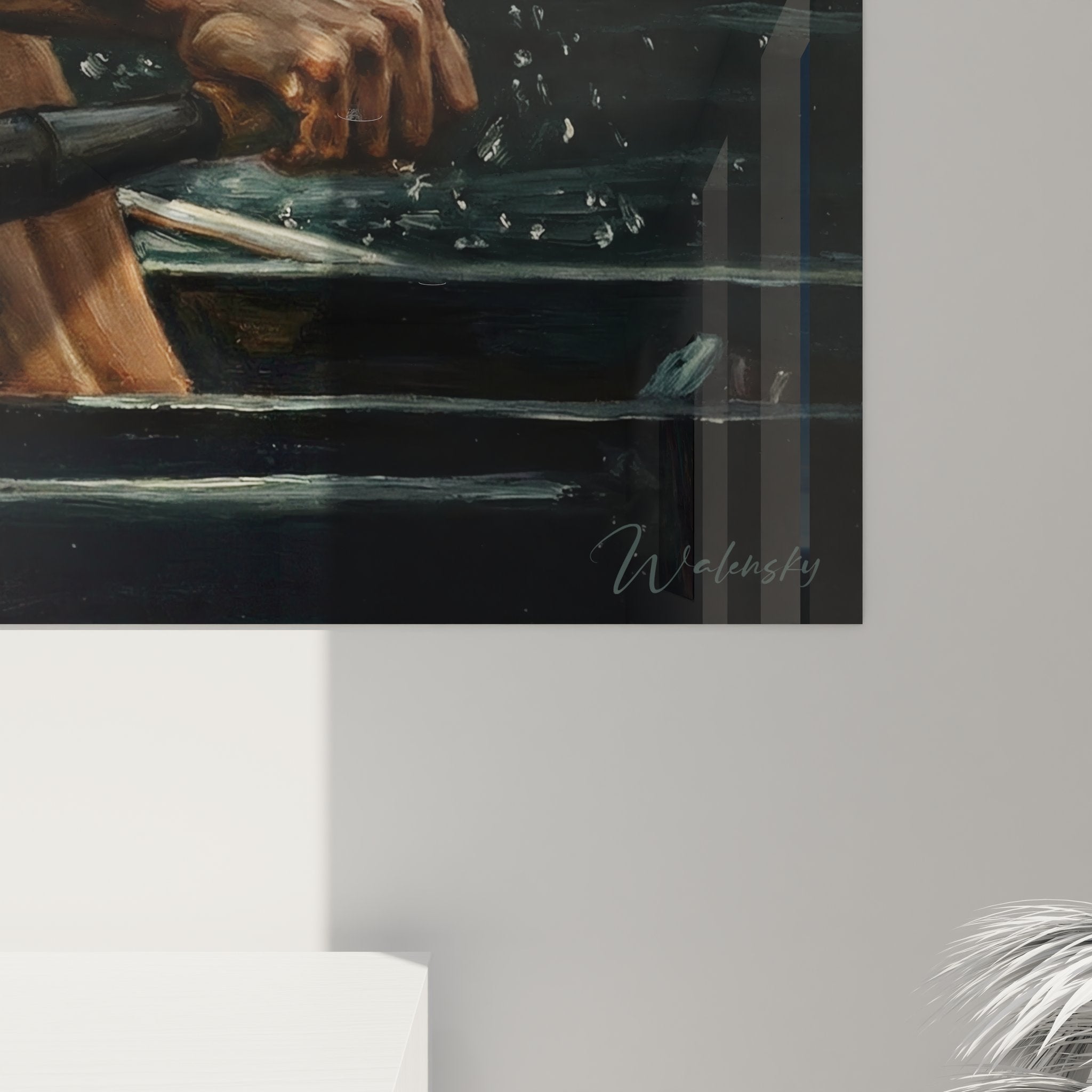 Gesamtansicht Wandbild kraftvoller Ruderer, dynamische Sportszene, moderne Wanddekoration