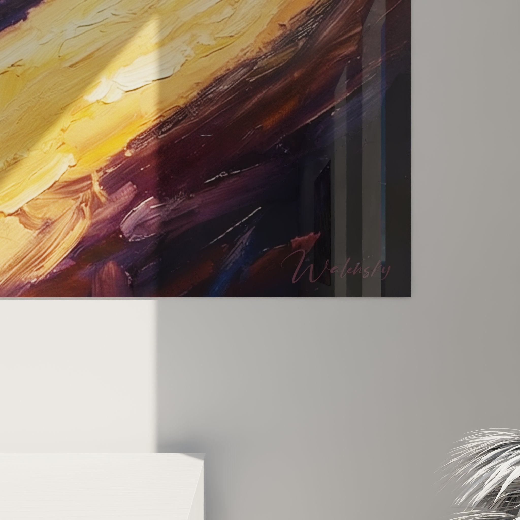 Gesamtansicht des Läufer Wandbildes mit goldenem Pfad in modernem Wohnambiente