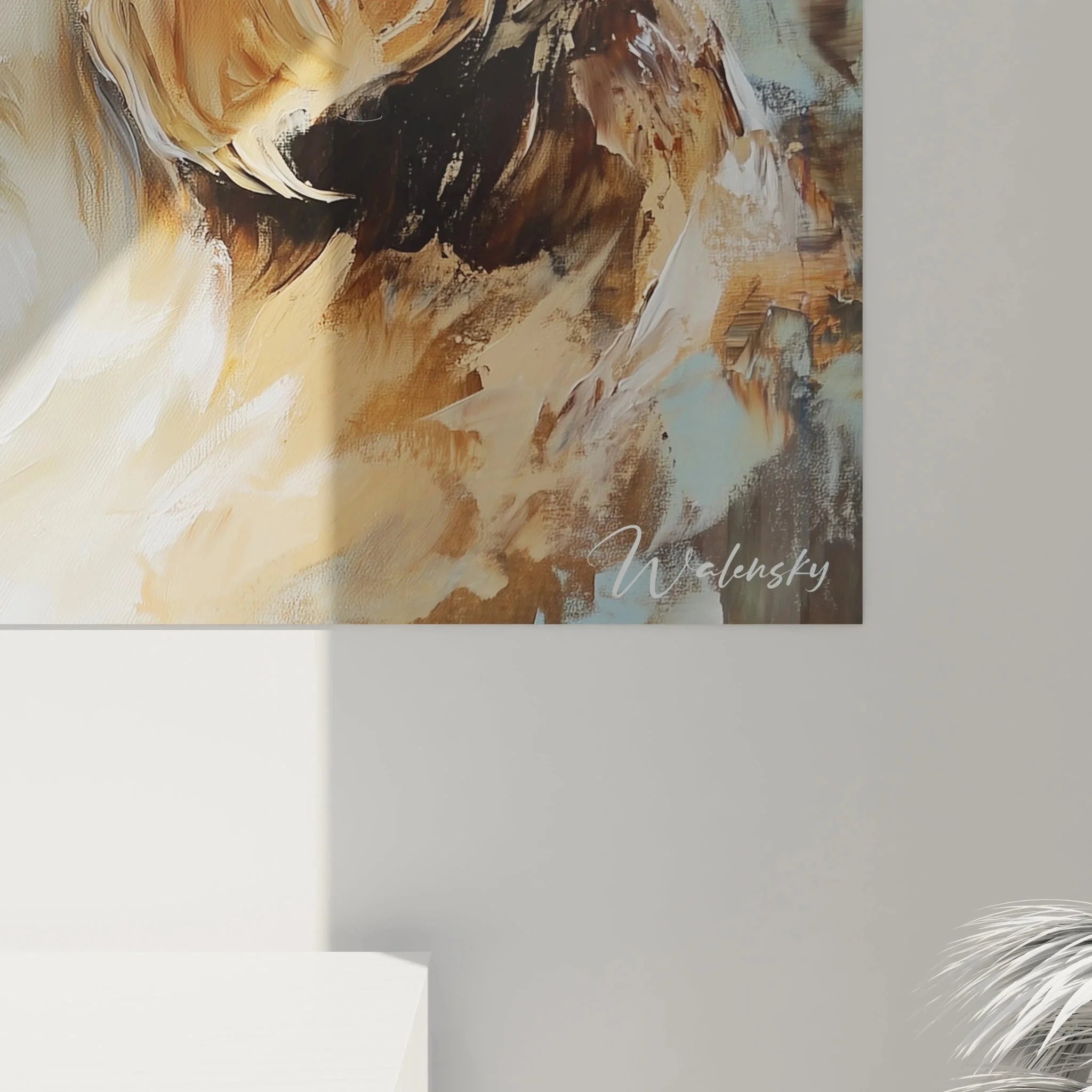 Gesamtansicht des Golden Retriever Wandbilds mit abstraktem Hintergrund in Blau-Beige-Tönen