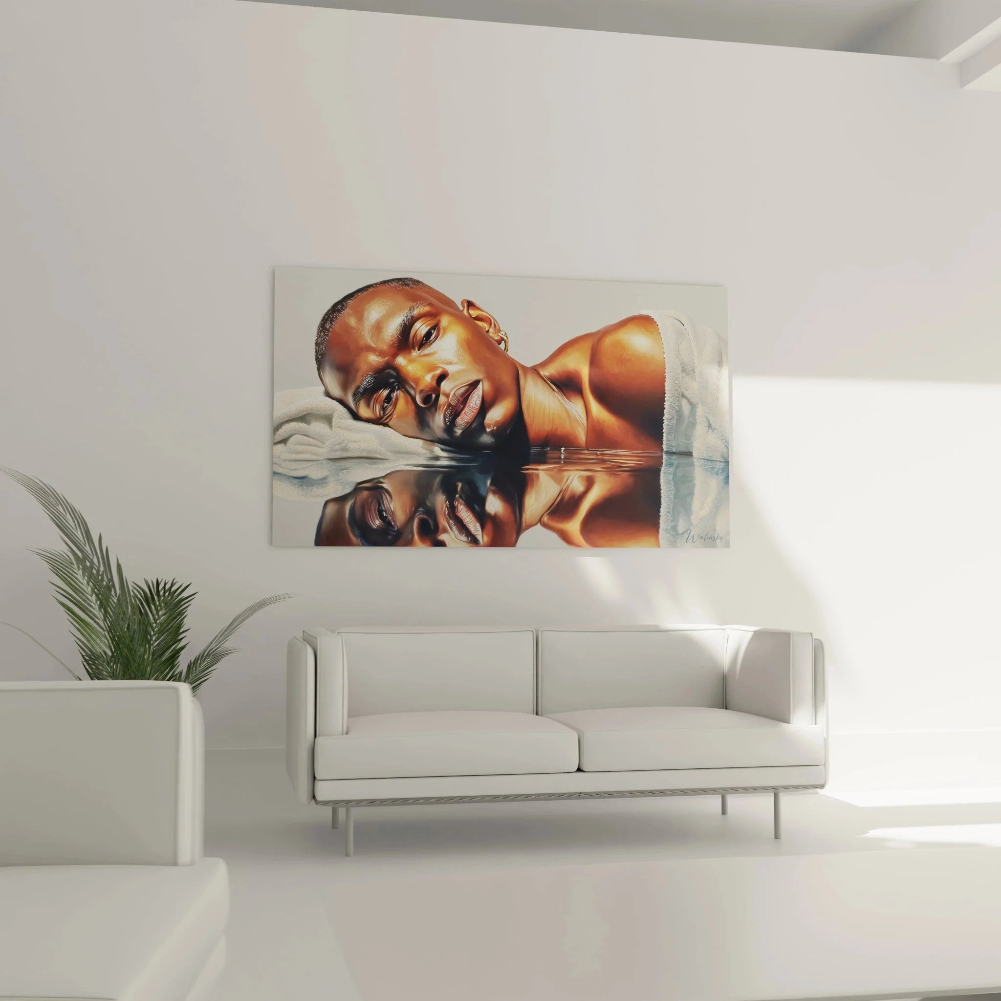 Detailaufnahme hyperrealistisches Frauenporträt, perfekte Maltechnik mit Spiegeleffekt und warmen Farben