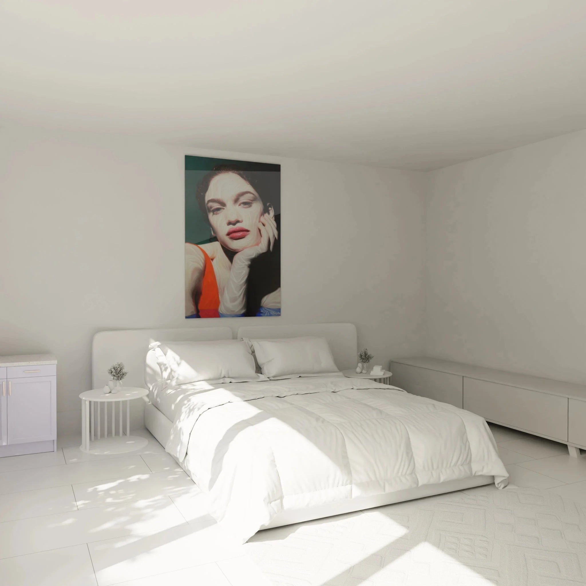 Wandbild hyperrealistische Portraitmalerei Frau Gesichtsmaske in modernem Schlafzimmer Ambiente