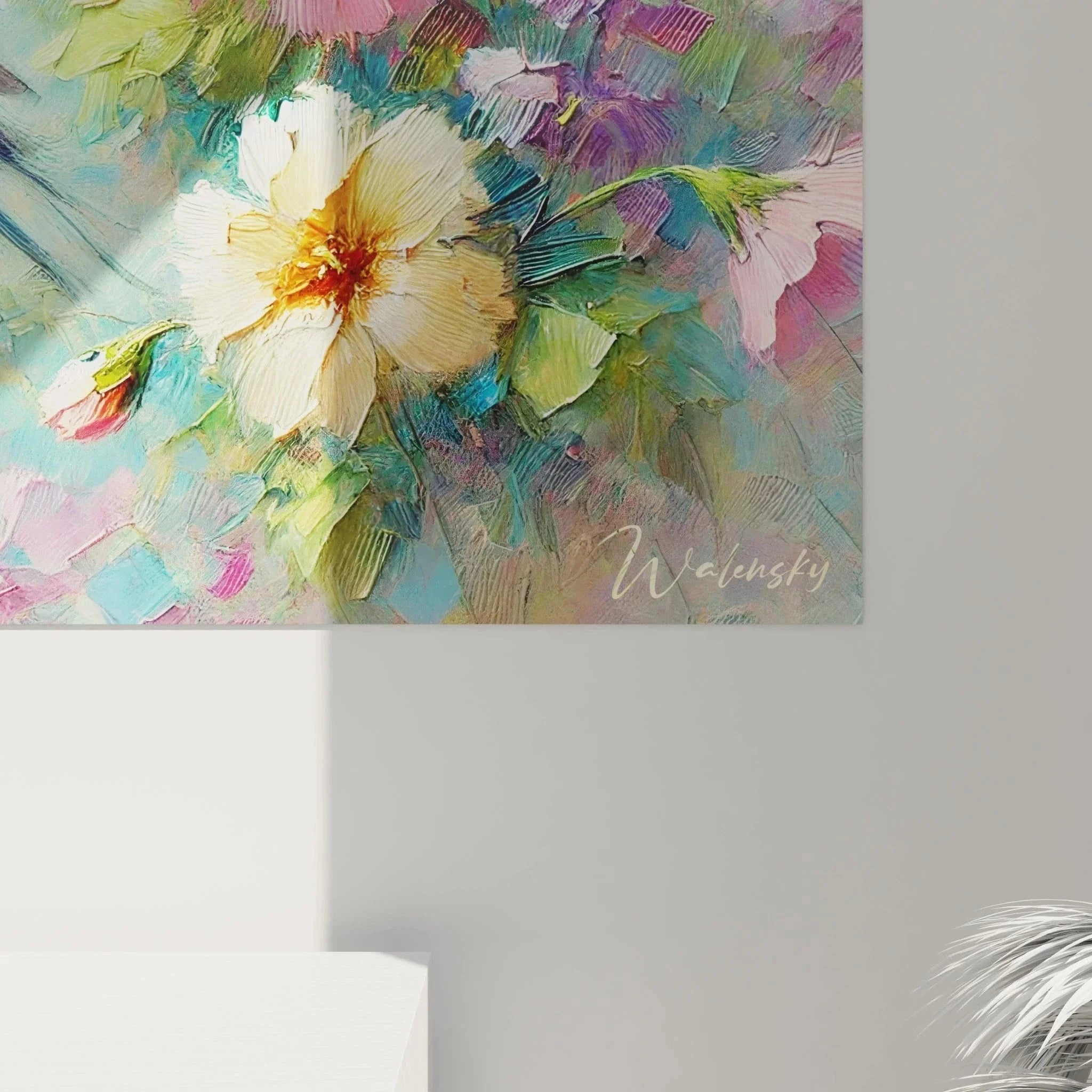 Gesamtansicht impressionistisches Wandbild Kolibri mit Blumenmotiven in pastelligen Farbtönen