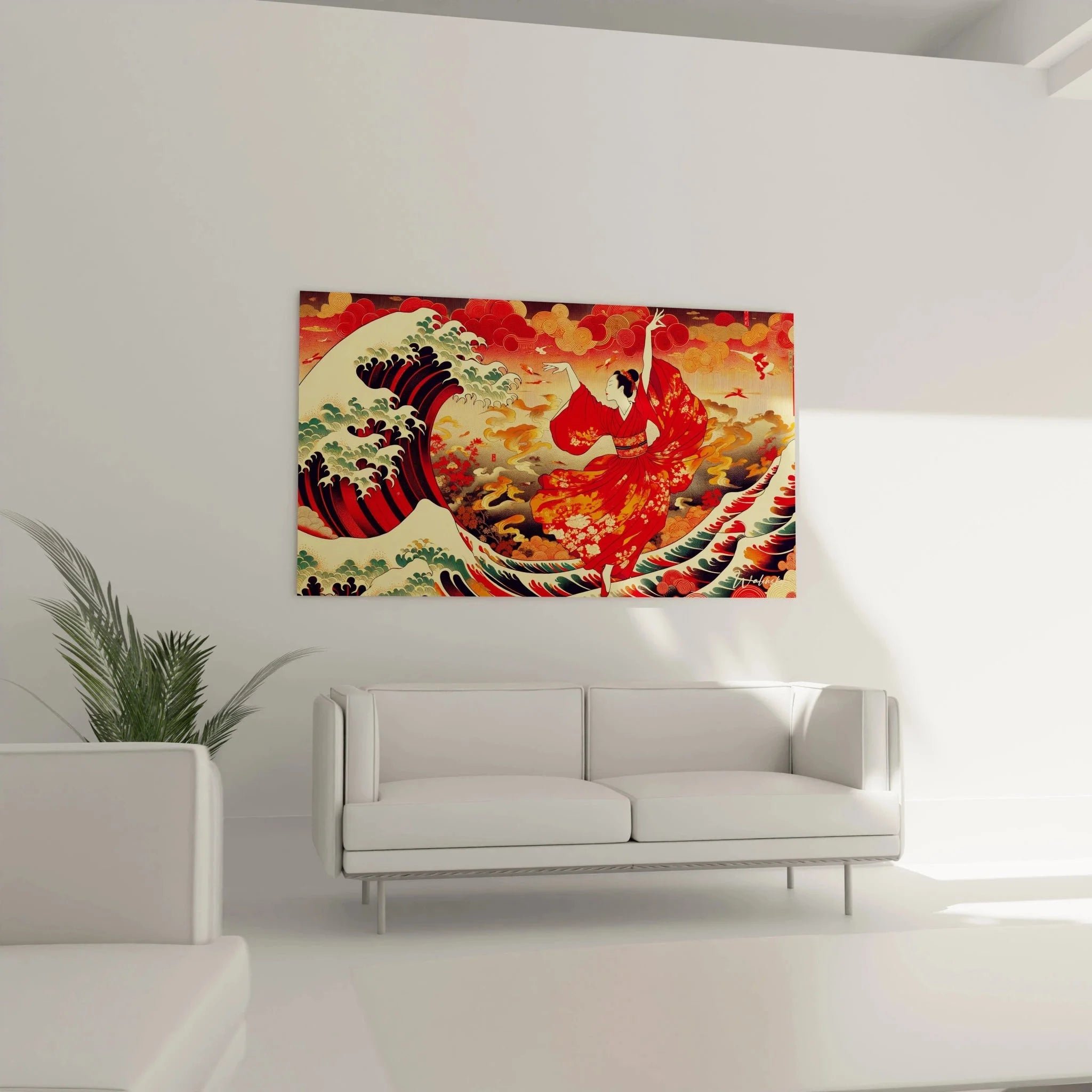 Japanisches Geisha Wandbild in modernem Schlafzimmer, rote Kimono Kunst an weißer Wand