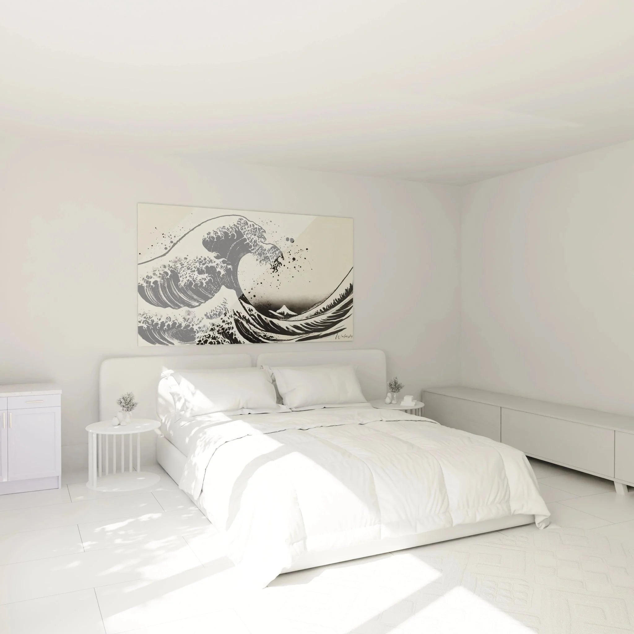 Japan Wandbild Große Welle in Schlafzimmer Ambiente monochrom Hokusai Design