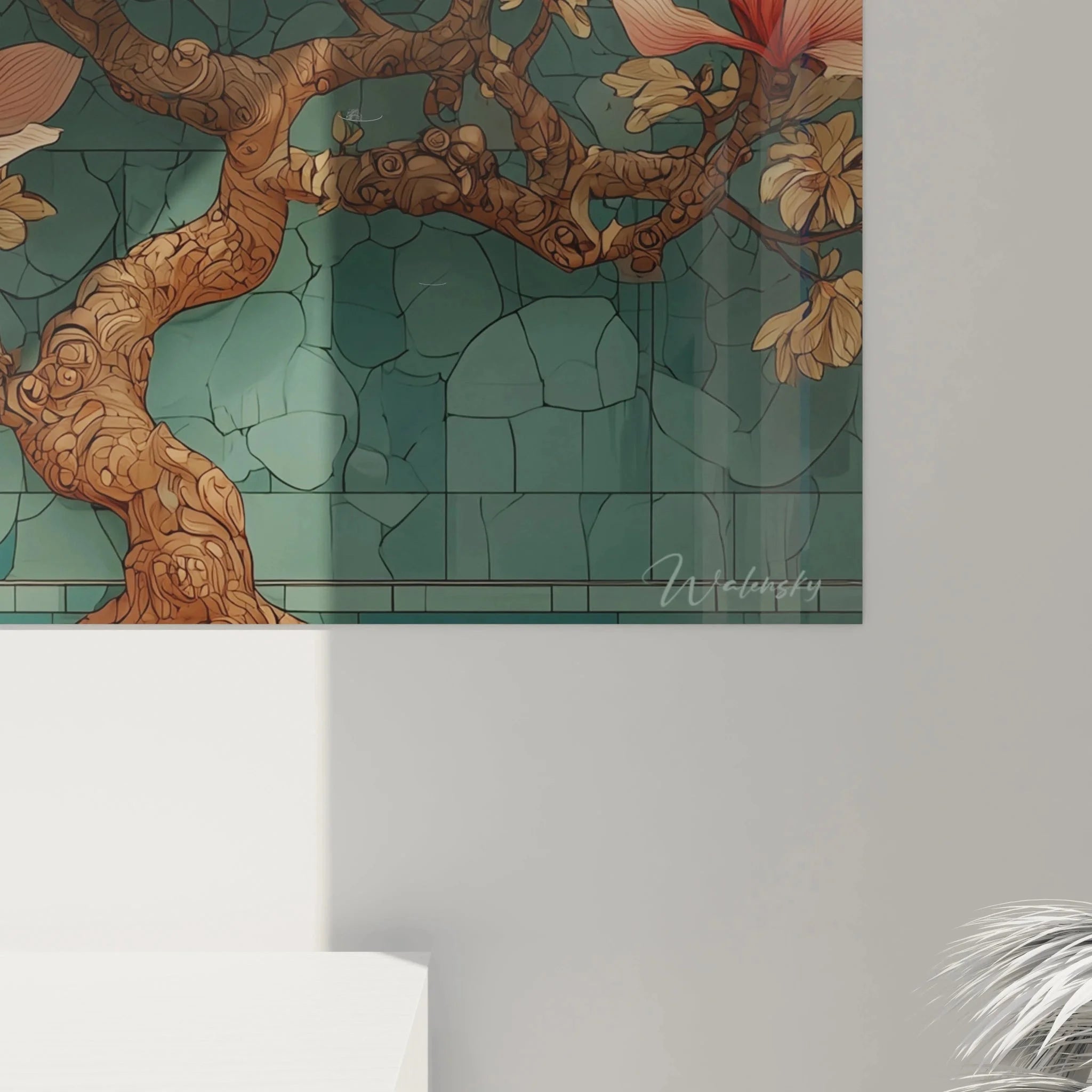 Komplettansicht des Jugendstil Wandbildes mit Magnolienbaum und türkisem Hintergrund