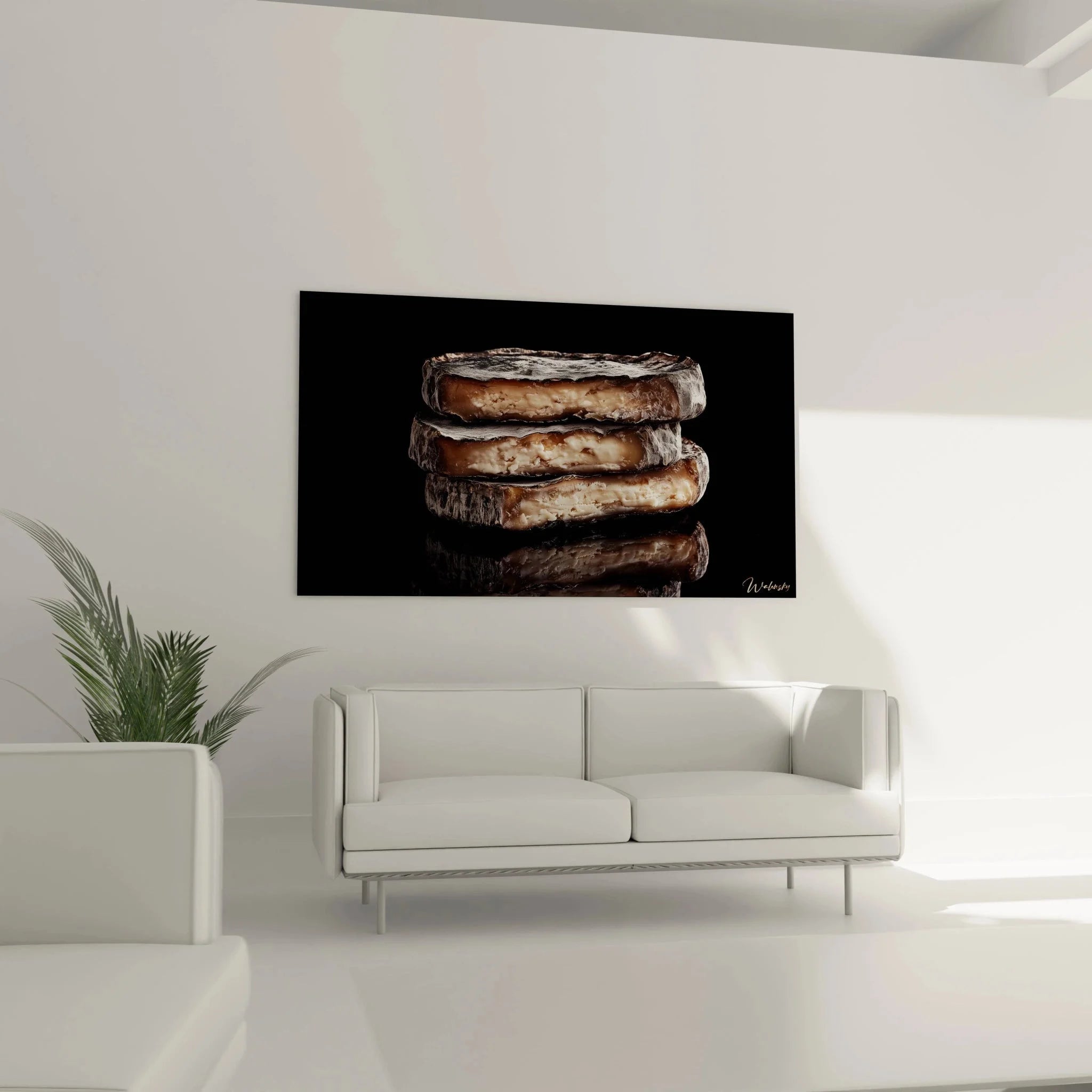 Detailaufnahme Käse Kunstdruck zeigt natürliche Textur und cremige Oberfläche der Käsescheiben