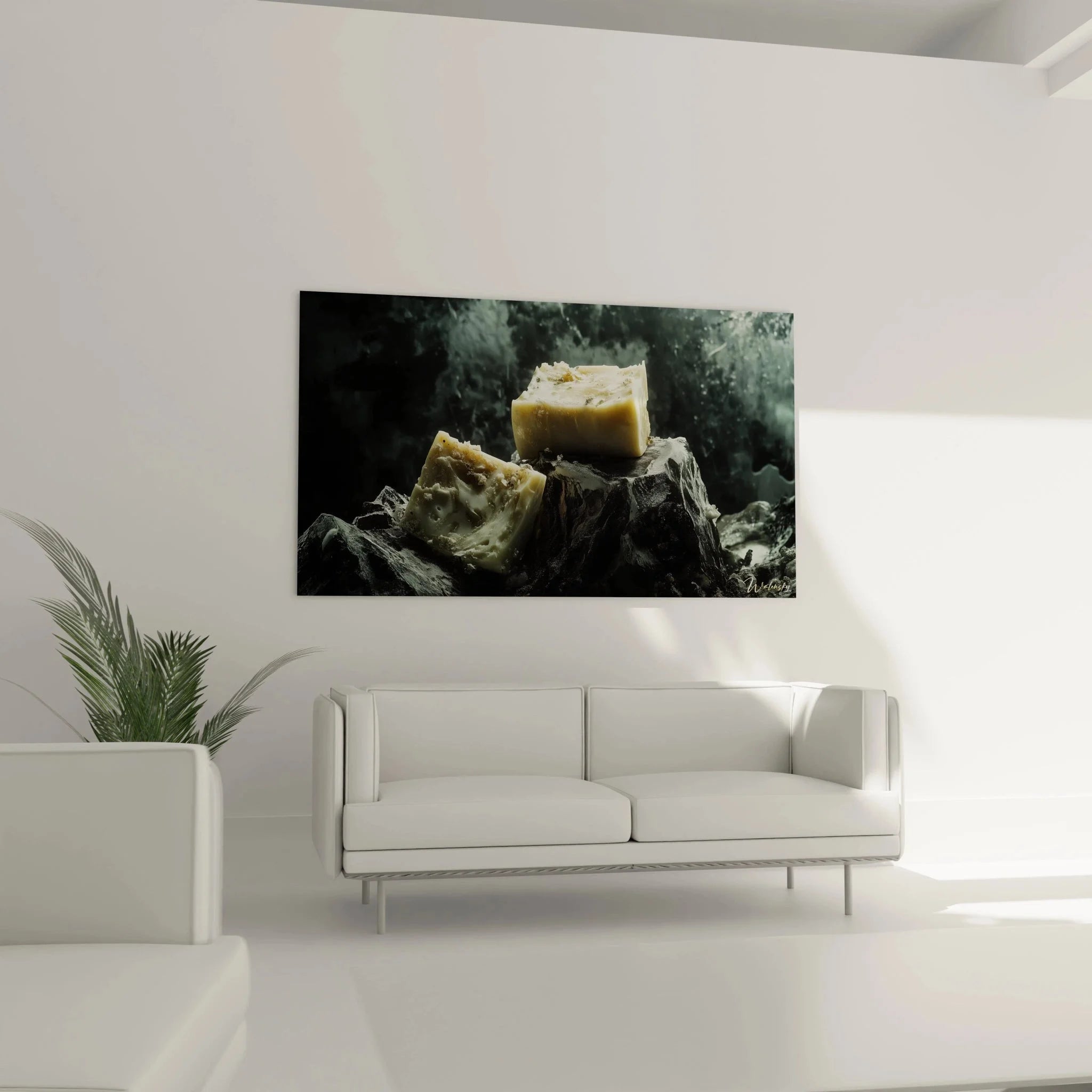 Detailaufnahme Käse Seifenstücke auf Schiefer - hochwertige Leinwand Wanddeko